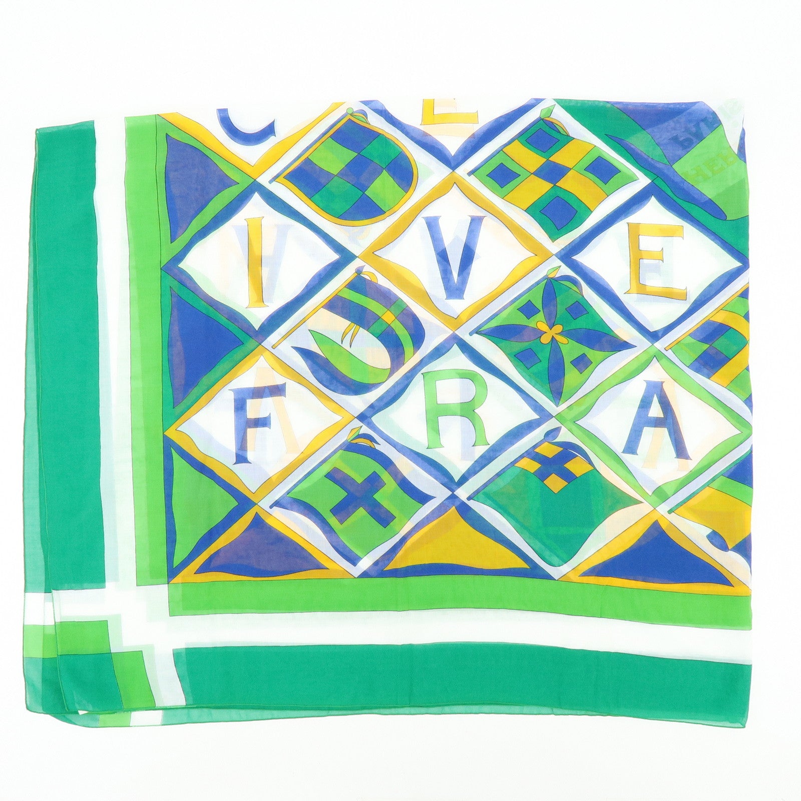 HERMES Vive La France Cotton 100% Scarf Pareo Green Blue Yellow