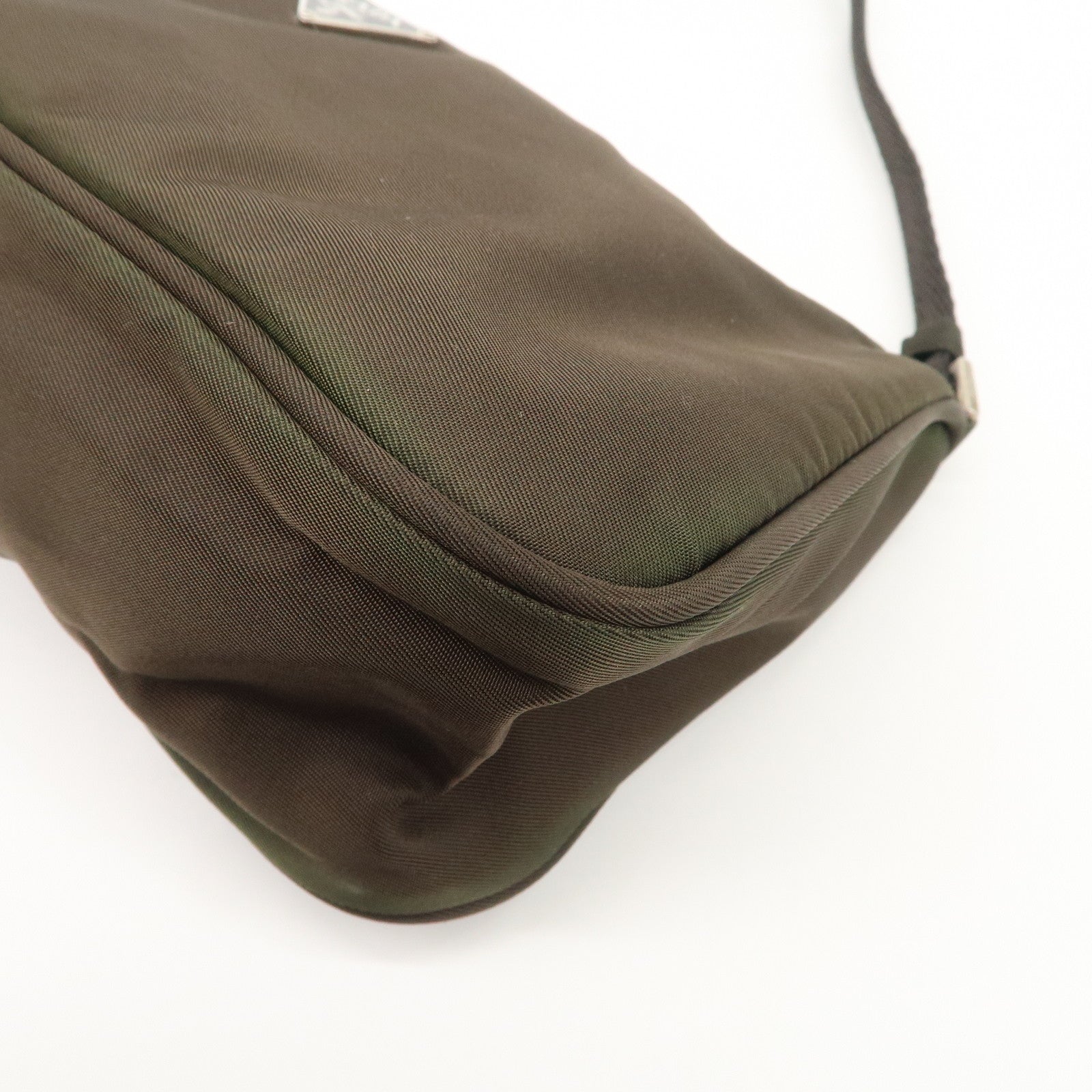 PRADA Triangle Logo Nylon Leather Accessory Pouch Hand Bag Khaki Silver HDW Used