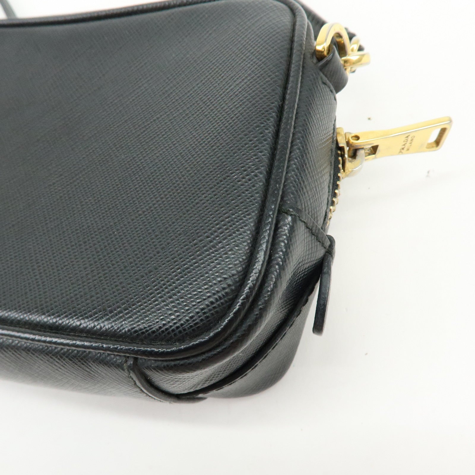 PRADA Saffiano Leather Shoulder Crossbody Bag Ribbon Motif Black 1NF674