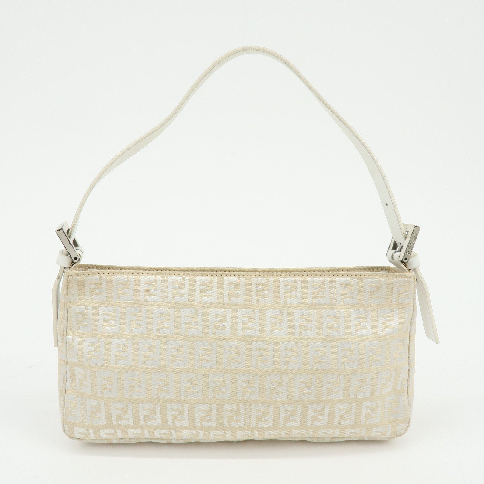 FENDI Zucchino Canvas Leather Shoulder Bag Hand Bag Beige White 8BR042