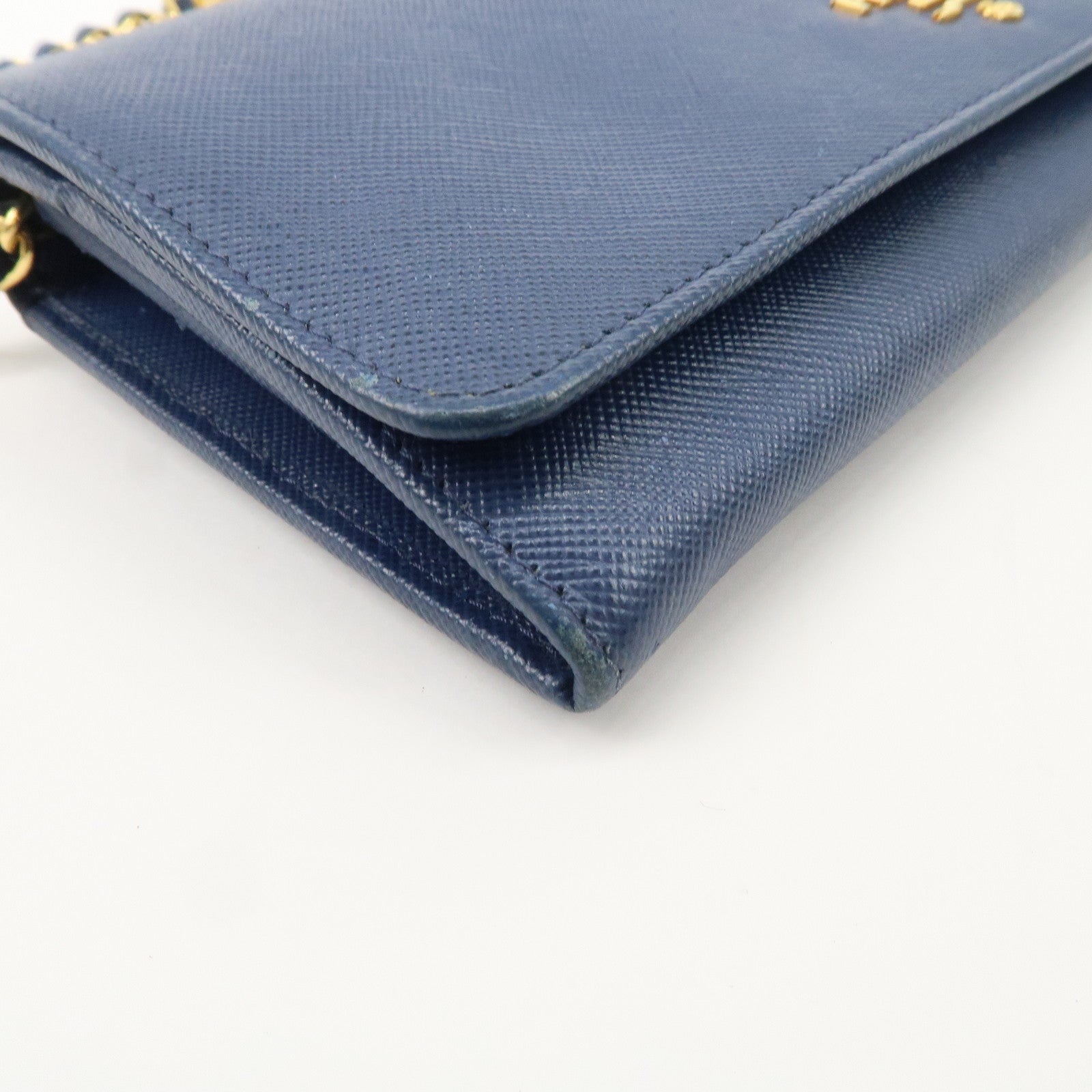 PRADA Logo Leather Chain Wallet WOC Blue Gold Hardware 1MT290 Used