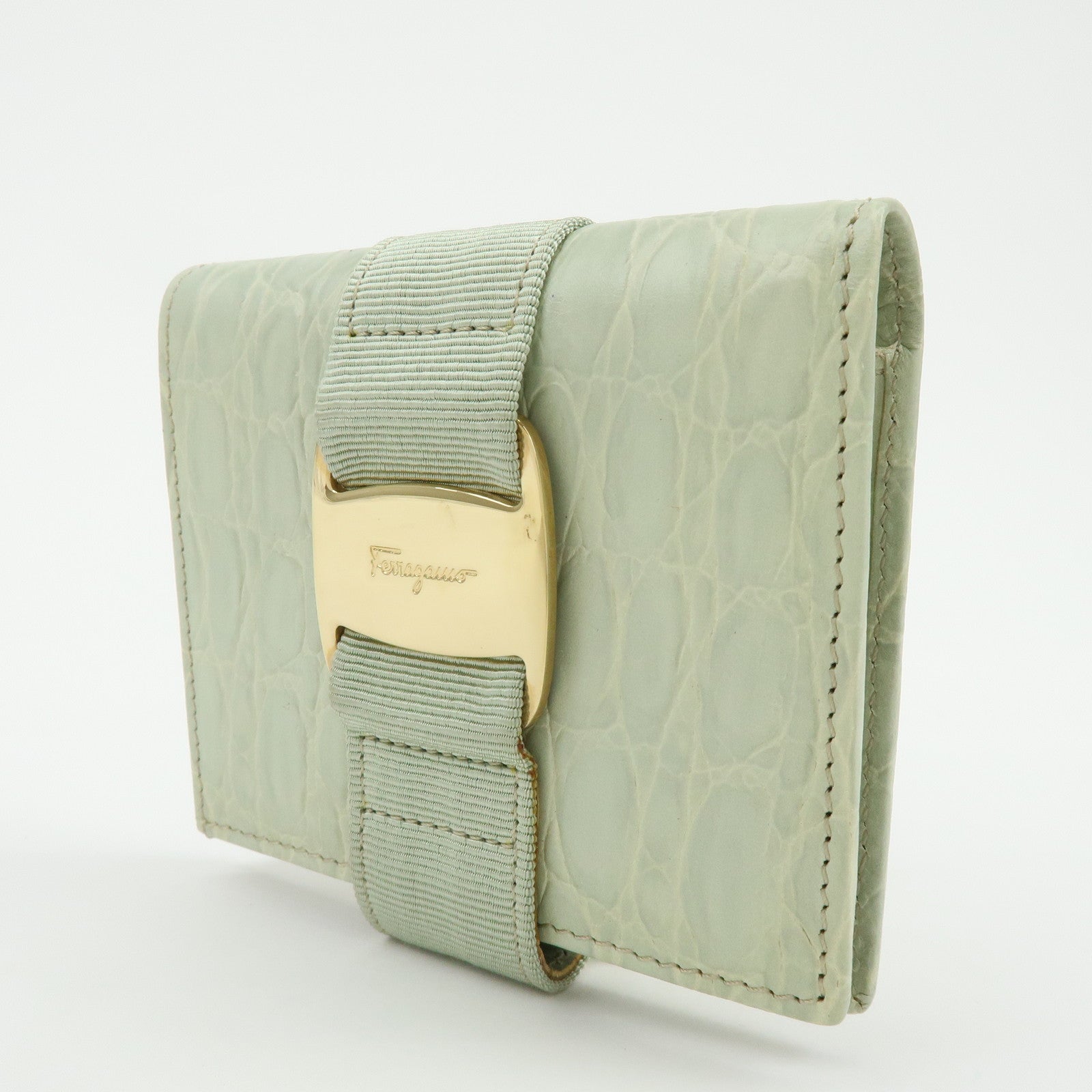Ferragamo Vara Embossed Leather Compact Wallet Light Green