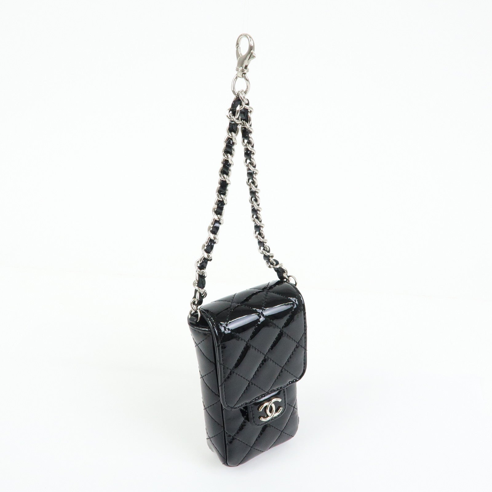 CHANEL Matelasse COCO Mark Patent Leather Phone Case Pouch Black