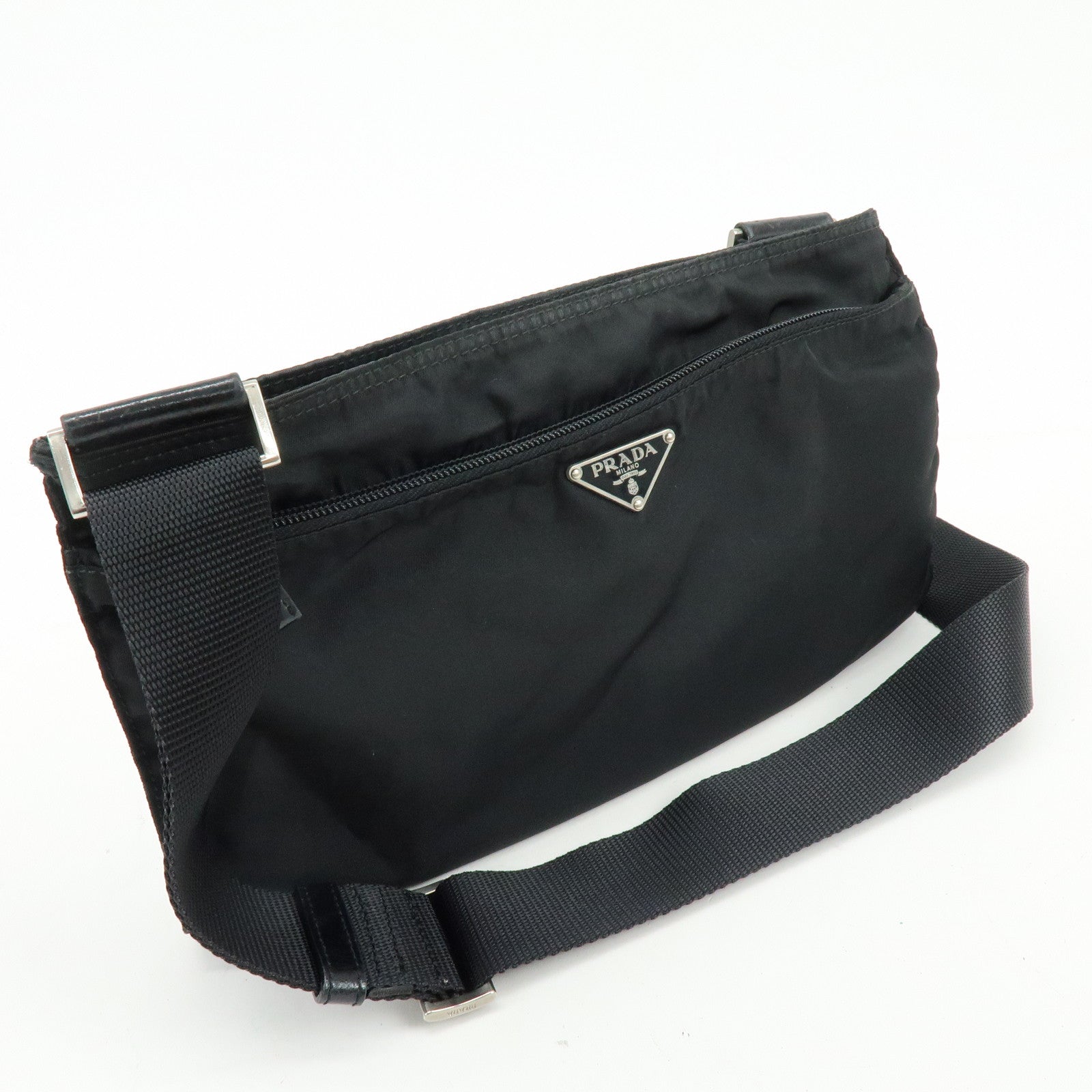 PRADA Triangle Logo Nylon Leather Shoulder Crossbody Bag Black