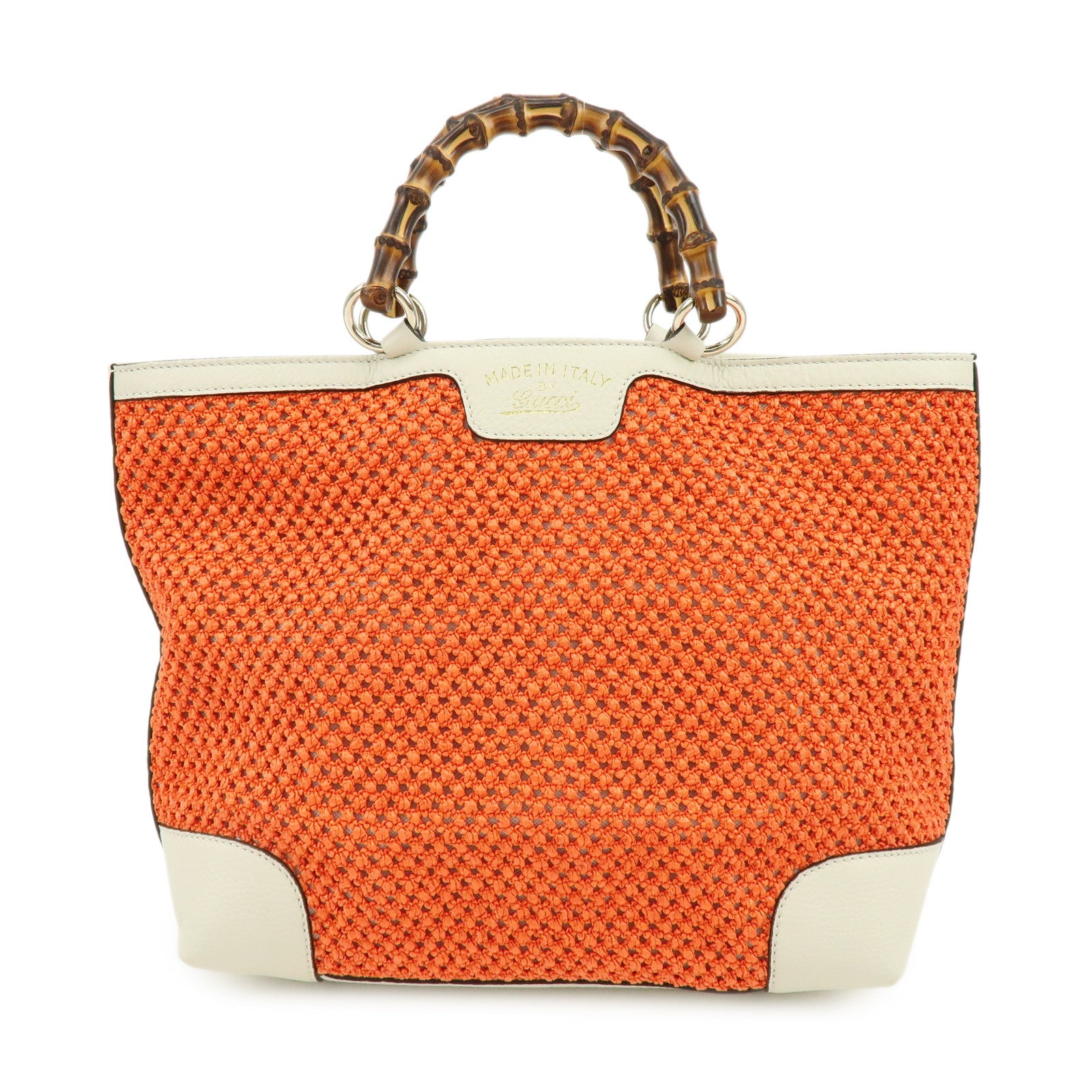 GUCCI Bamboo Raffia Leather Tote Bag Hand Bag Orange White 338965