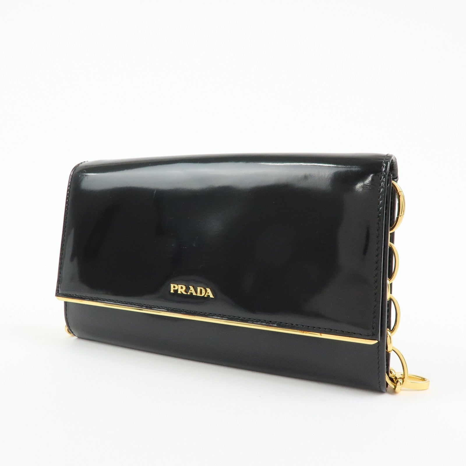 Prada Patent Leather Chain Long Wallet Shoulder Bag Black BT0920