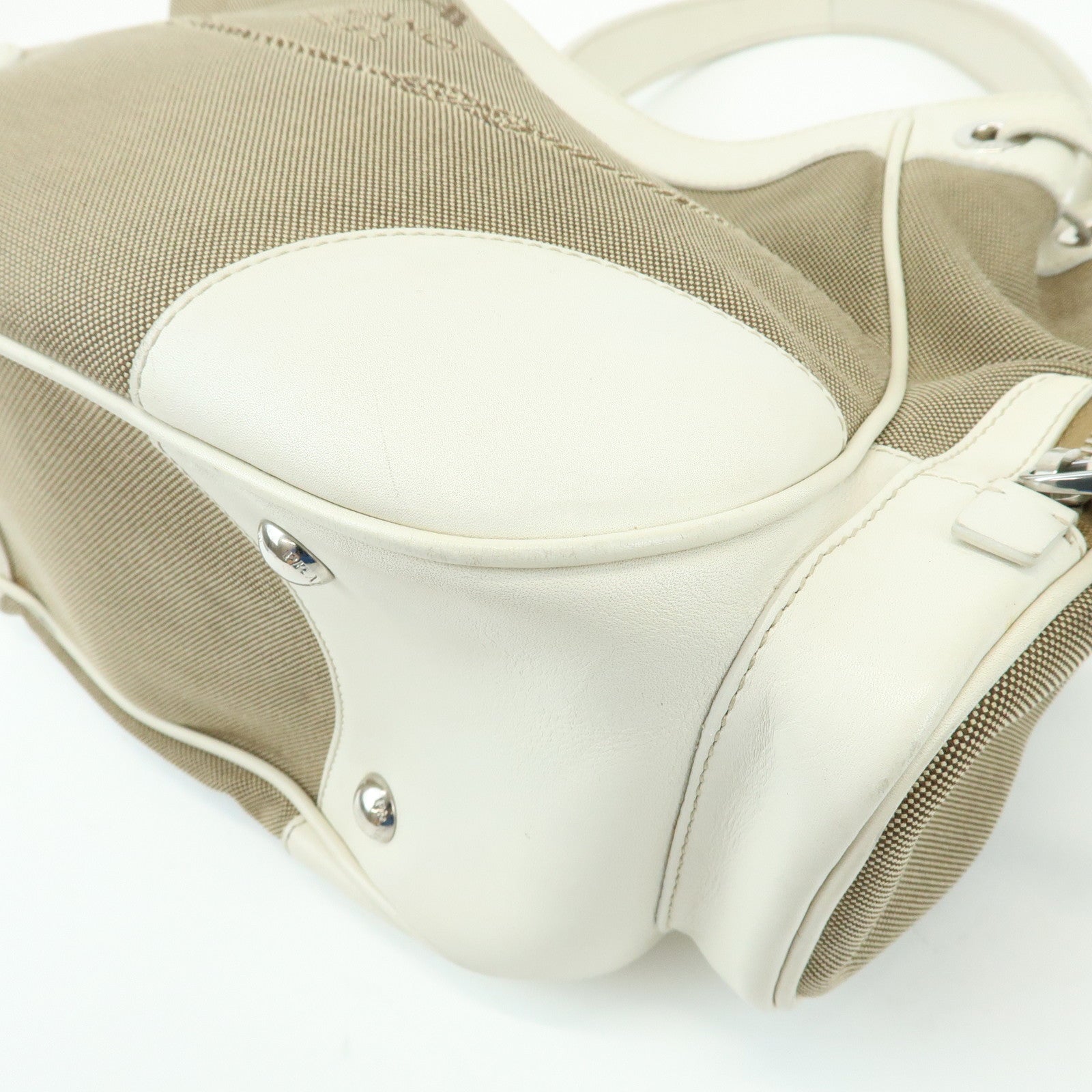 PRADA Triangle Logo Nylon Jacquard Leather Shoudler Bag Beige Ivory