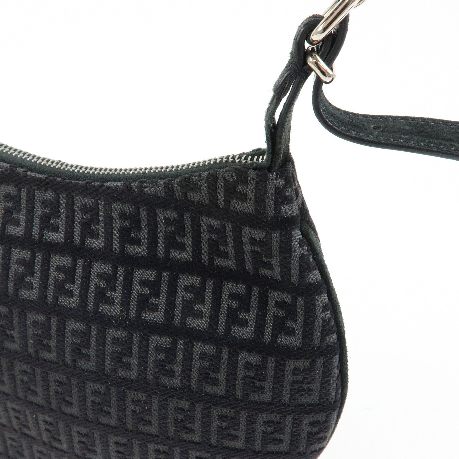 FENDI Zucchino Canvas Leather Shoulder Bag Hand Bag Black 8BR248