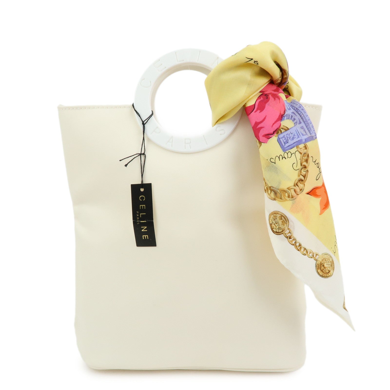 Celine Circle Logo Nylon Cotton Hand Bag Off White Yellow Multicolor