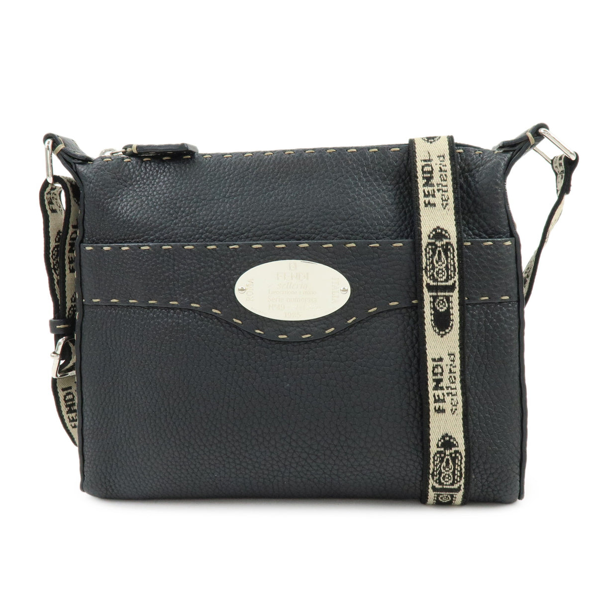 FENDI Selleria Leather Canvas Shoulder Bag Crossbody Bag Black 8BT092