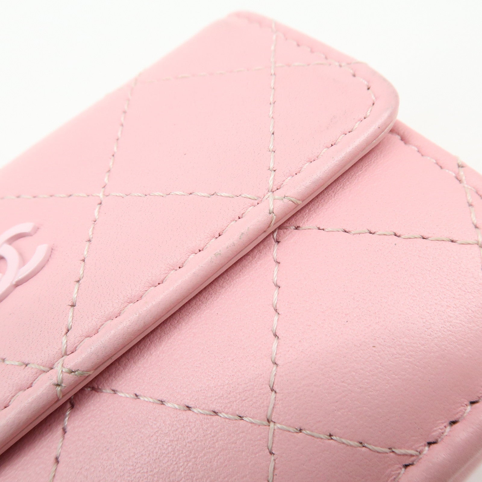 CHANEL COCO Mark Wild Stitch Calf Skin Tri-Fold Compact Wallet Pink