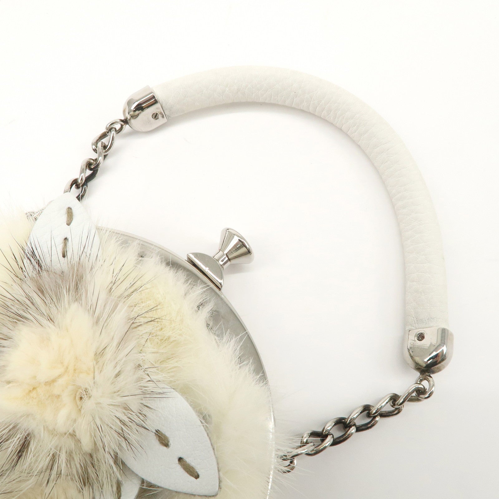 FENDI Seleria Leather Fur Flower Motif Kiss Lock Pouch Hand Bag 8BK048 Used