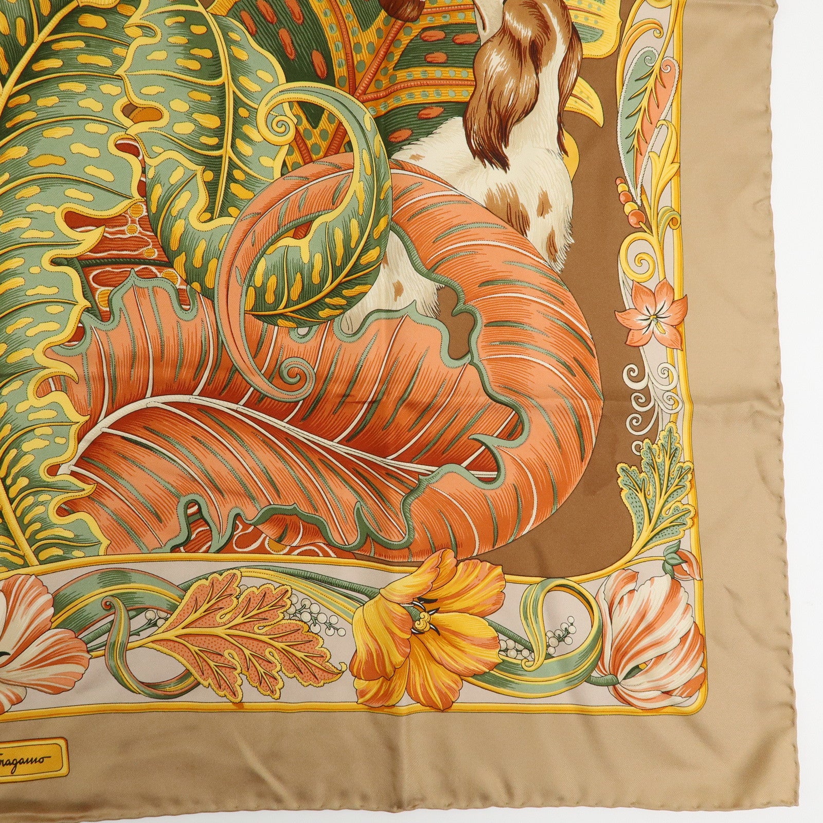 Ferragamo Silk 100% Scarf Animal Print Beige Orange Green Yellow