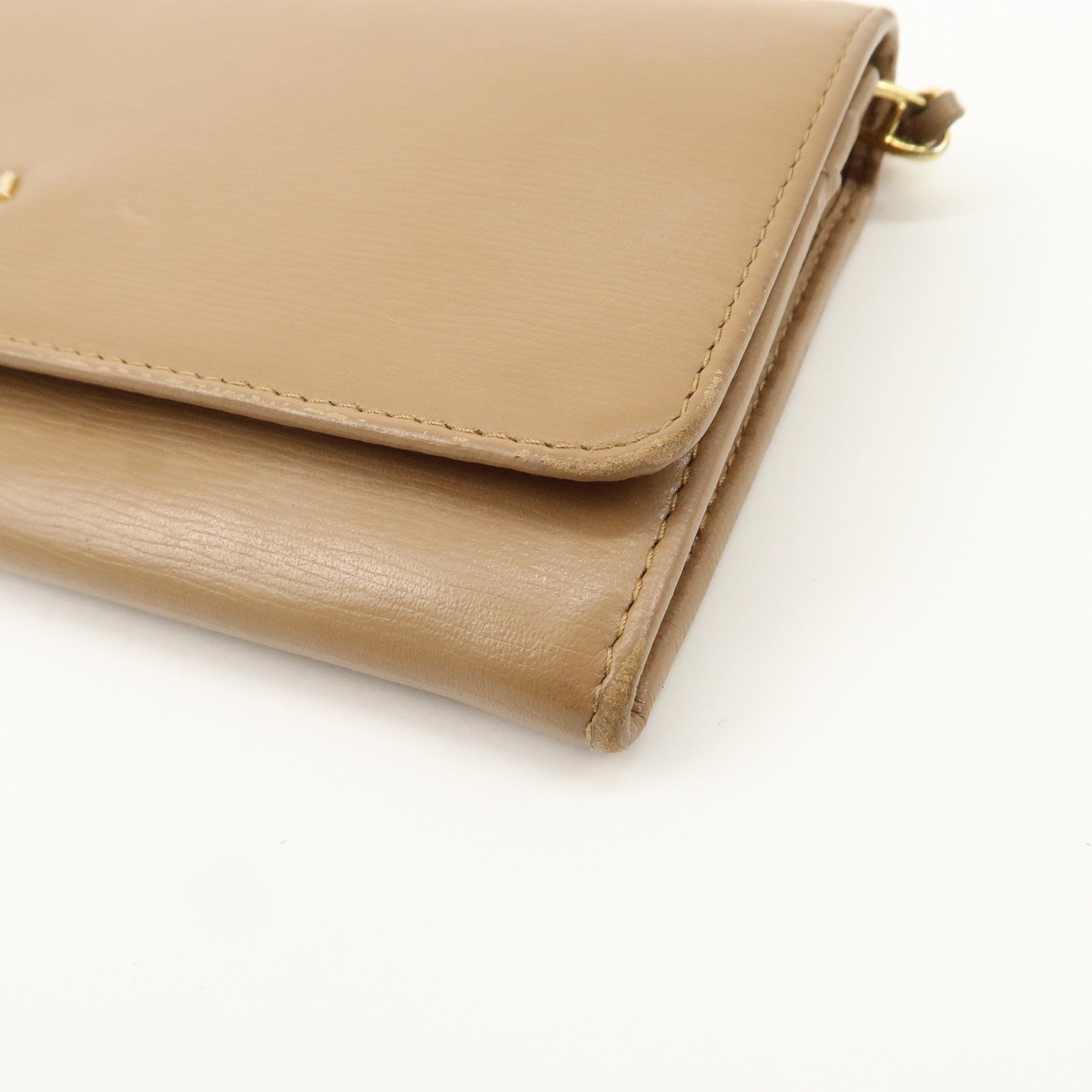 PRADA Logo Leather Chain Wallet WOC Beige Gold Hardware 1MT290 Used