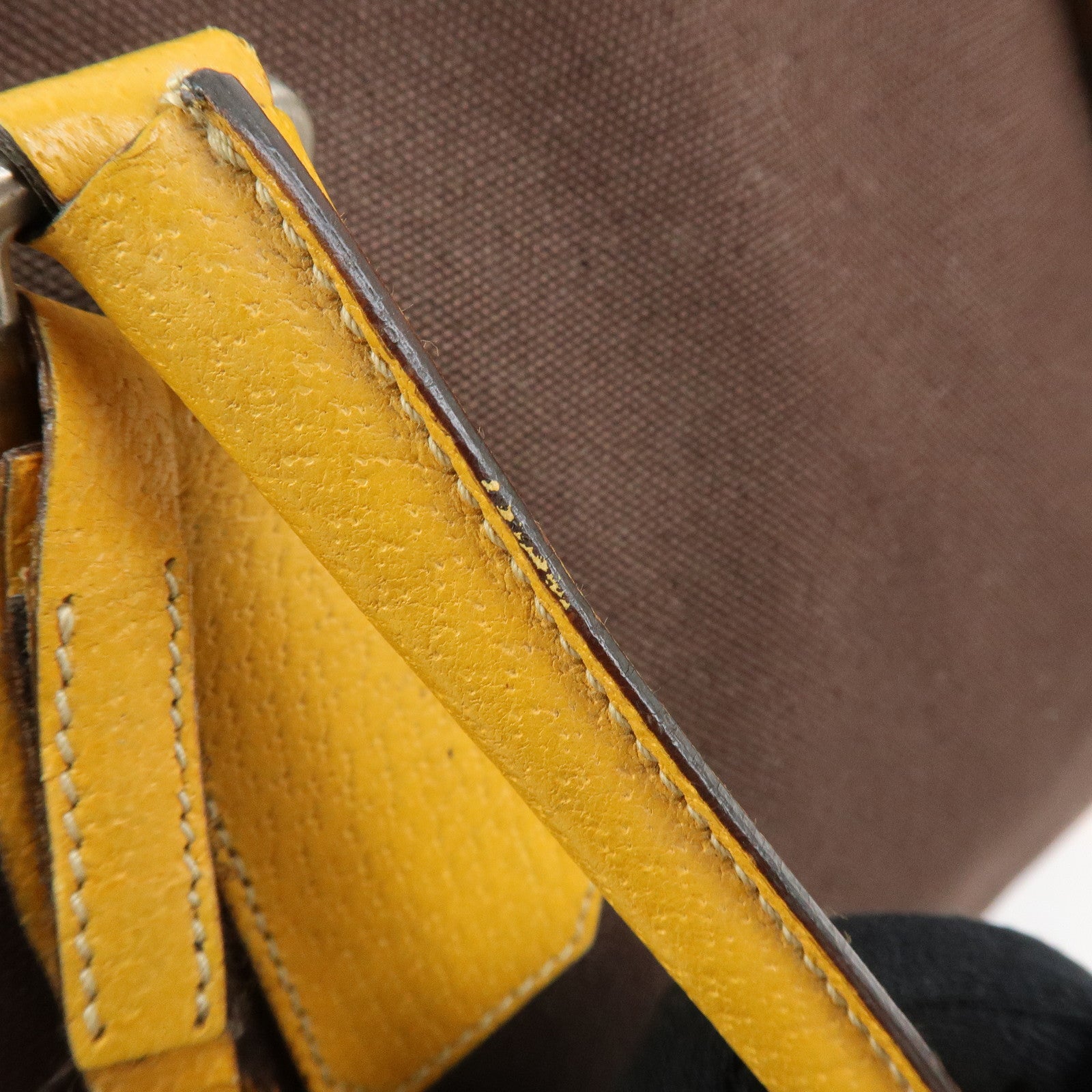 PRADA Triangle Logo Canvas Leather Boston Bag Brown Yellow B10813