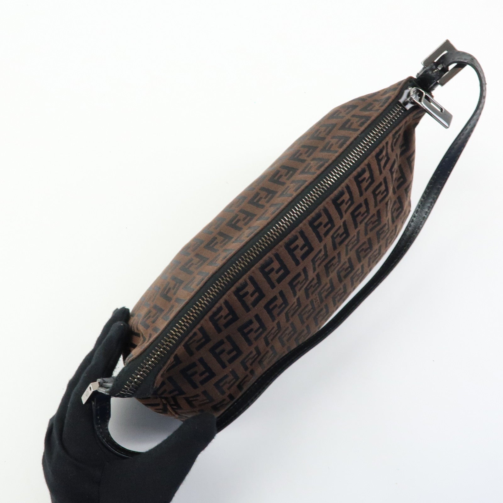 FENDI Zucchino Canvas Leather Shoulder Bag Brown Black 8BR267