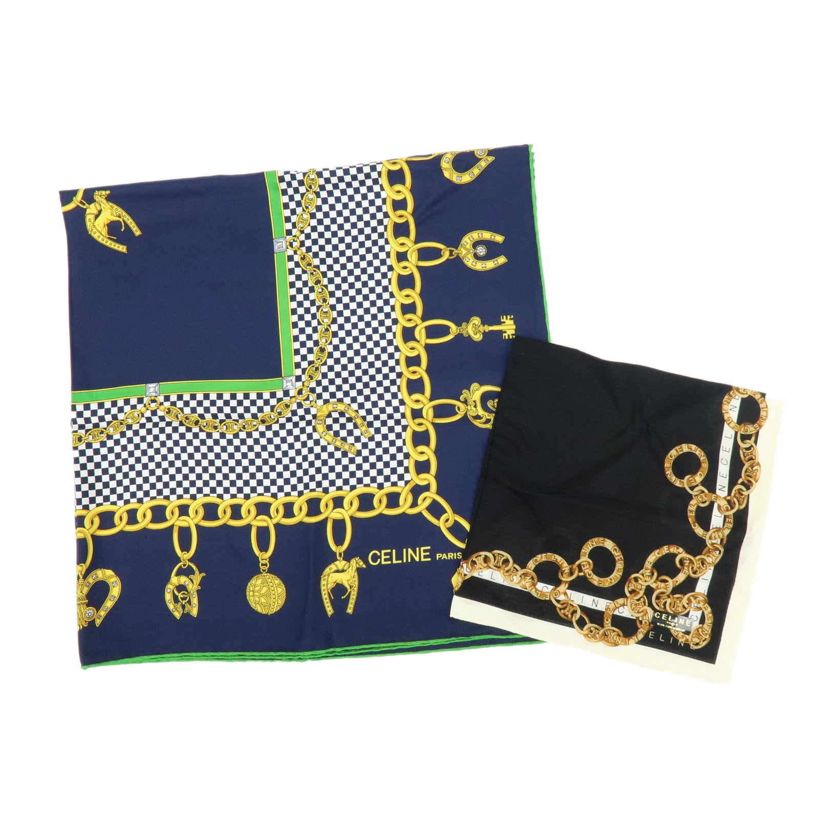 CELINE Set of 2 Silk Cotton Handkerchief Scarf Chain Motif Black Gold