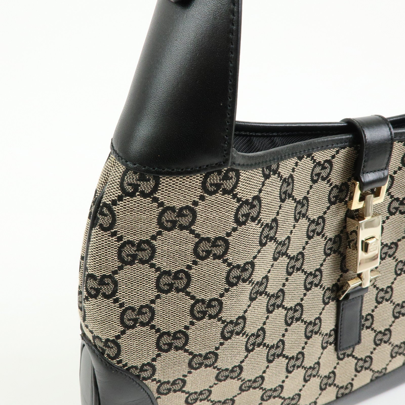 GUCCI Jackie GG Canvas Leather Shoulder Bag Beige Black 0013306