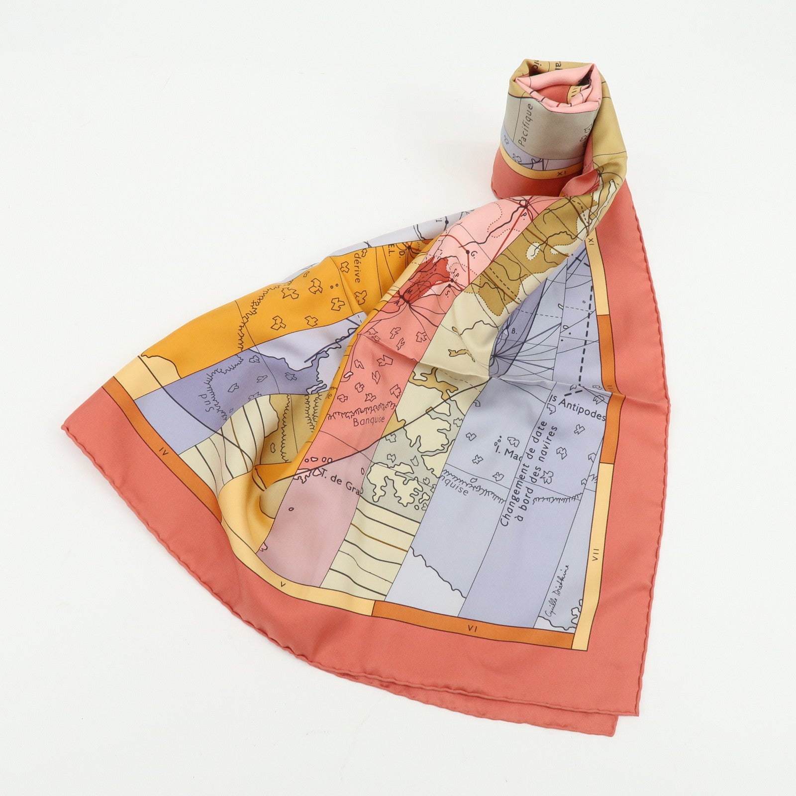 HERMES Carre 90 Silk 100% Scarf LE MONDE EST VASTE Coral Orange
