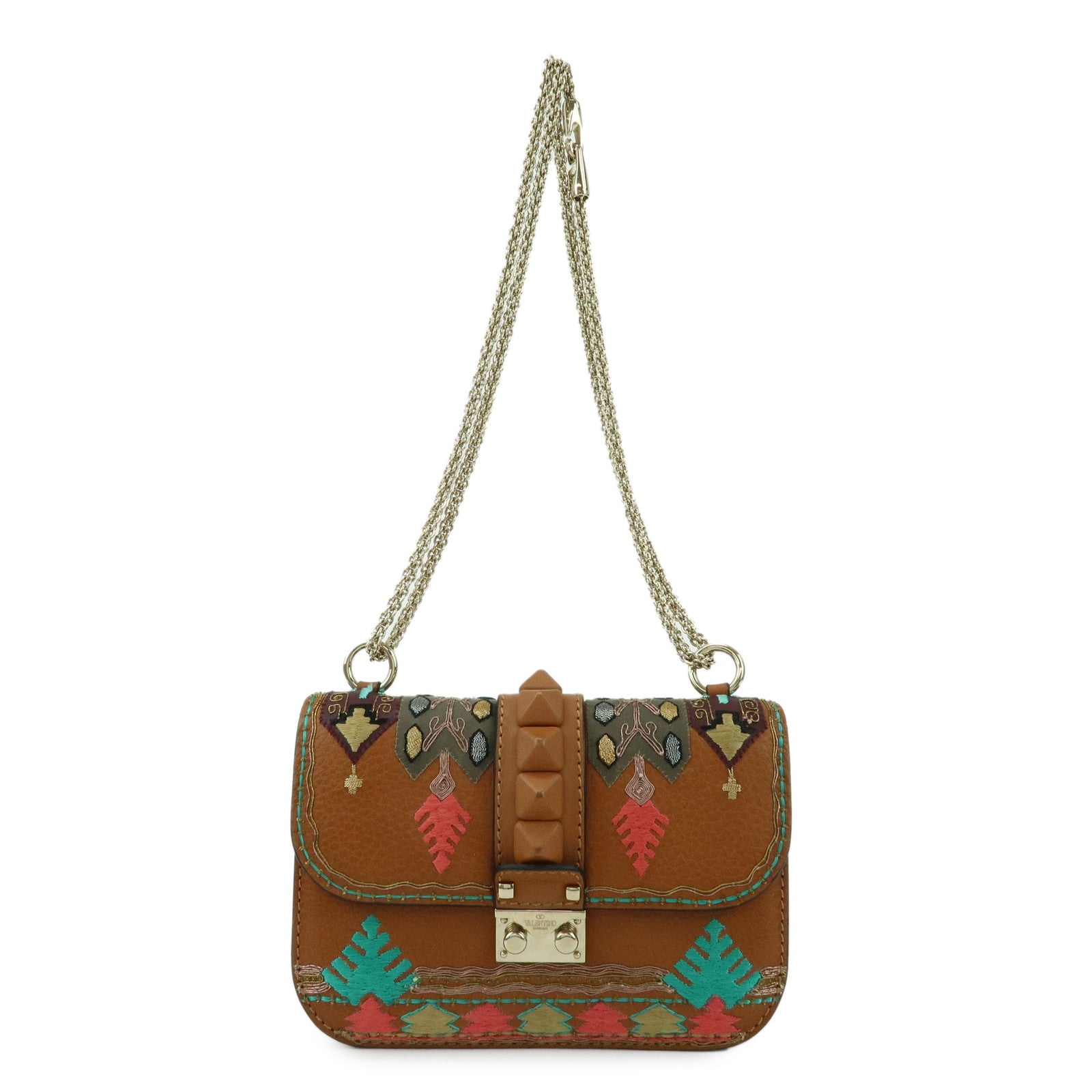 VALENTINO Glam Lock Embroidery Leather Chain Shoulder Bag Brown