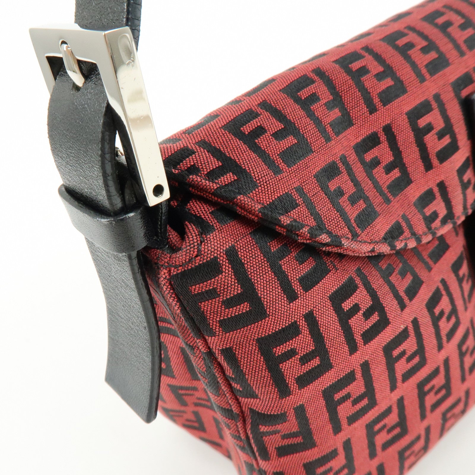 FENDI Mamma Baguette Zucchino Canvas Leather Shoulder Bag Red 8BR003