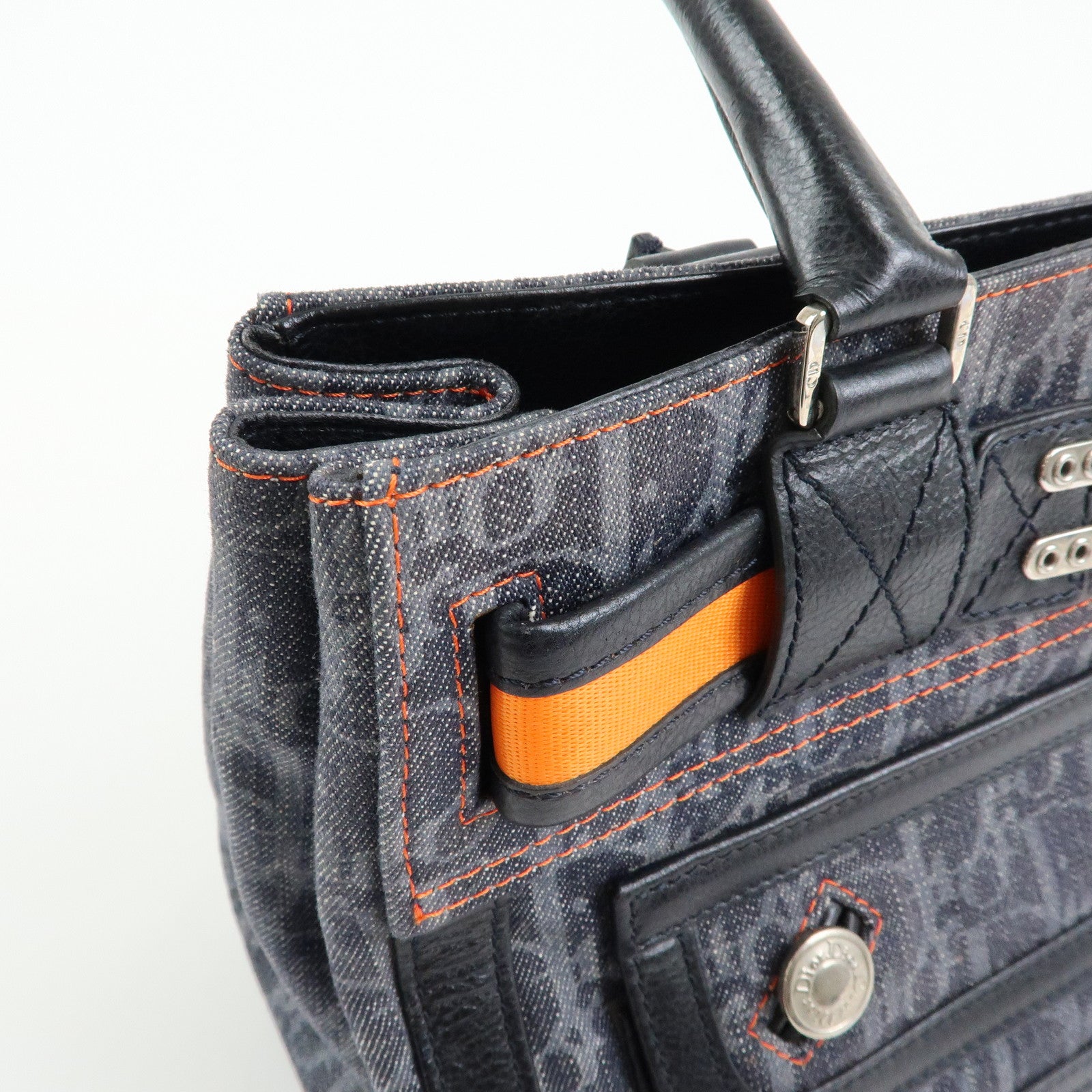 Christian Dior Trotter Flight Line Denim Leather Tote Bag Blue Navy