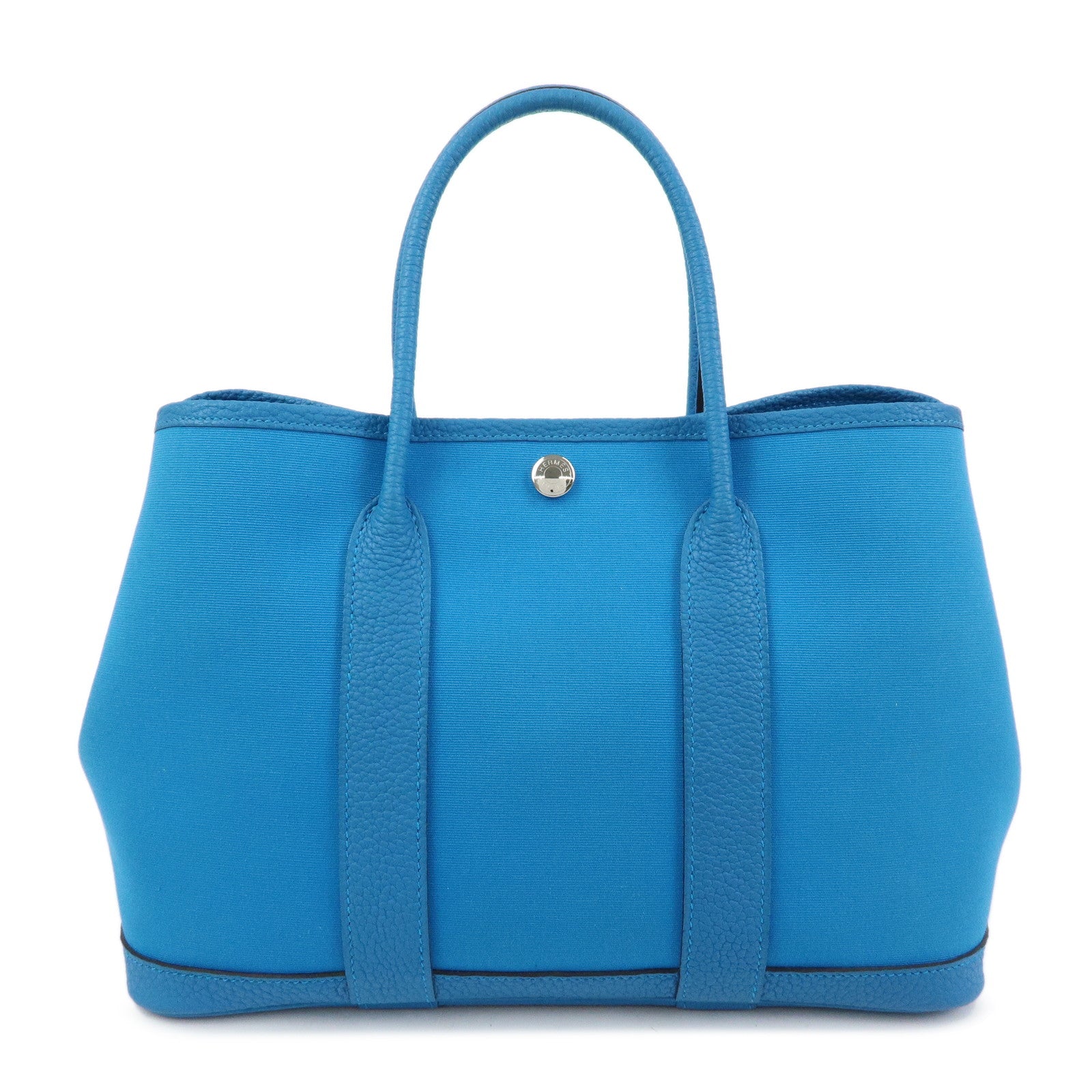 HERMES Garden Party TPM Toile H Leather Tote Bag Hand Bag TurquoiseBlue
