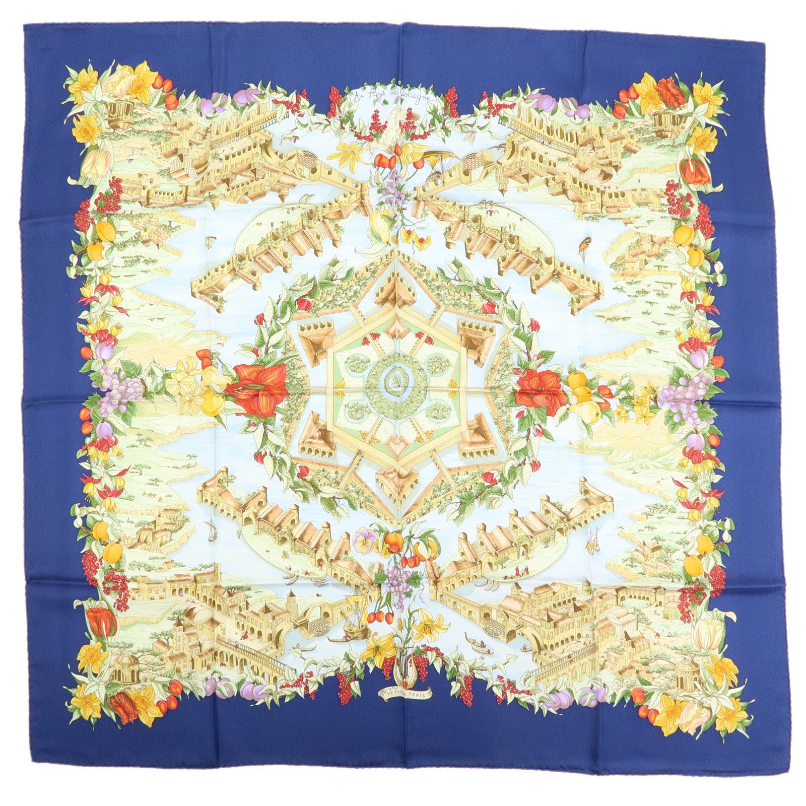 HERMES Carre 90 Silk 100% Scarf Au Pays de Cocagne Blue Beige Red