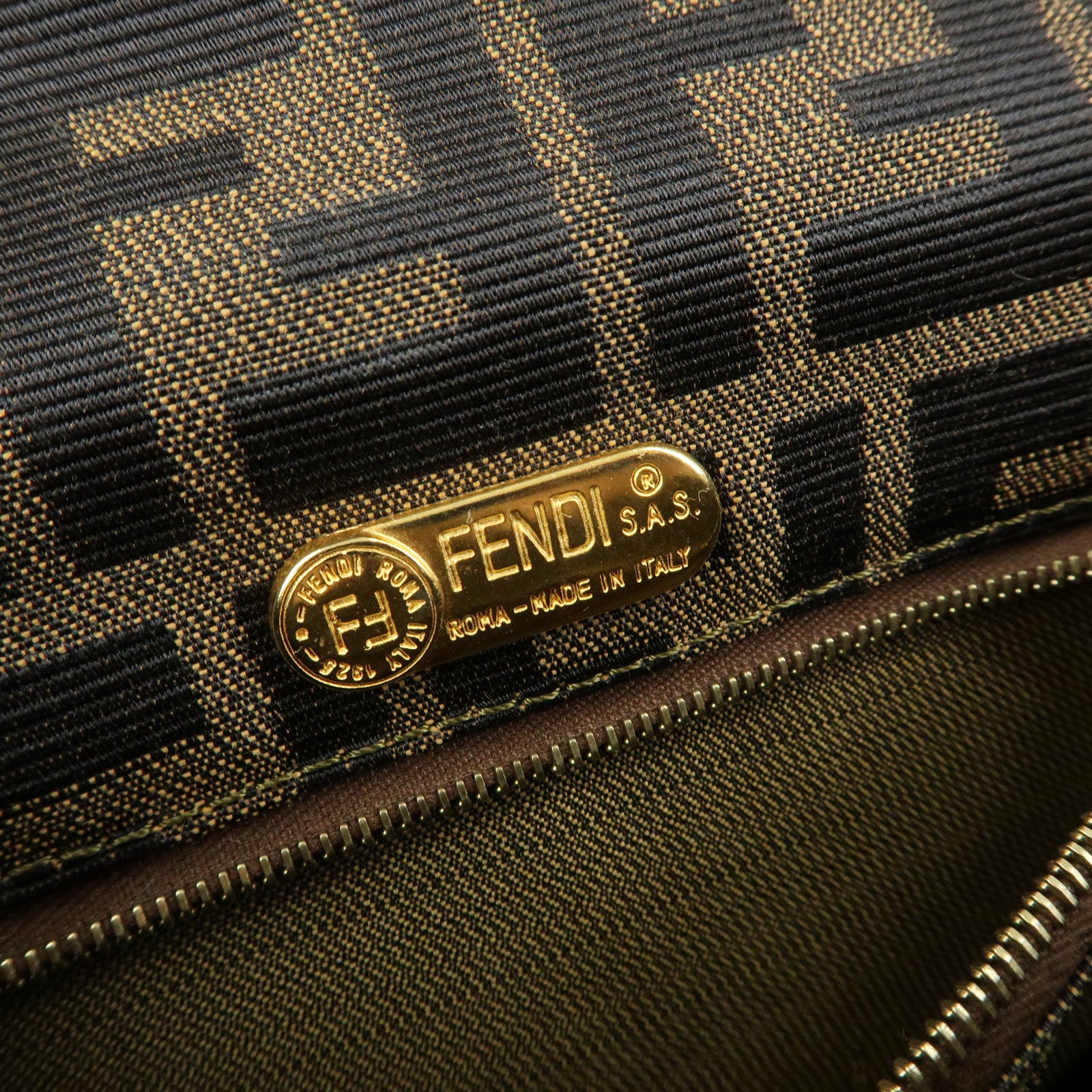 FENDI ZUCCA Jacquard Canvas Leather Shoulder Bag Brown Black