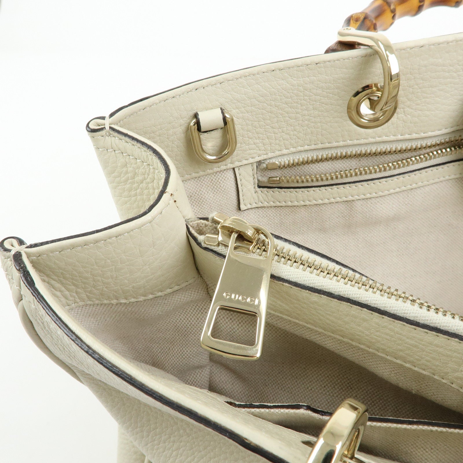 GUCCI Bamboo Shopper Medium Leather 2Way Bag Hand Bag White 323660