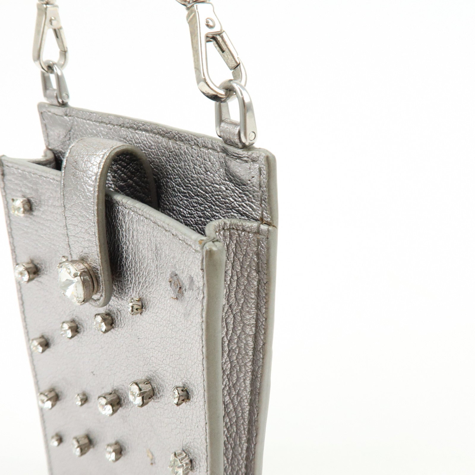MIU MIU Madras Leather Studs Shoulder Bag Crossbody Phone Pouch Silver