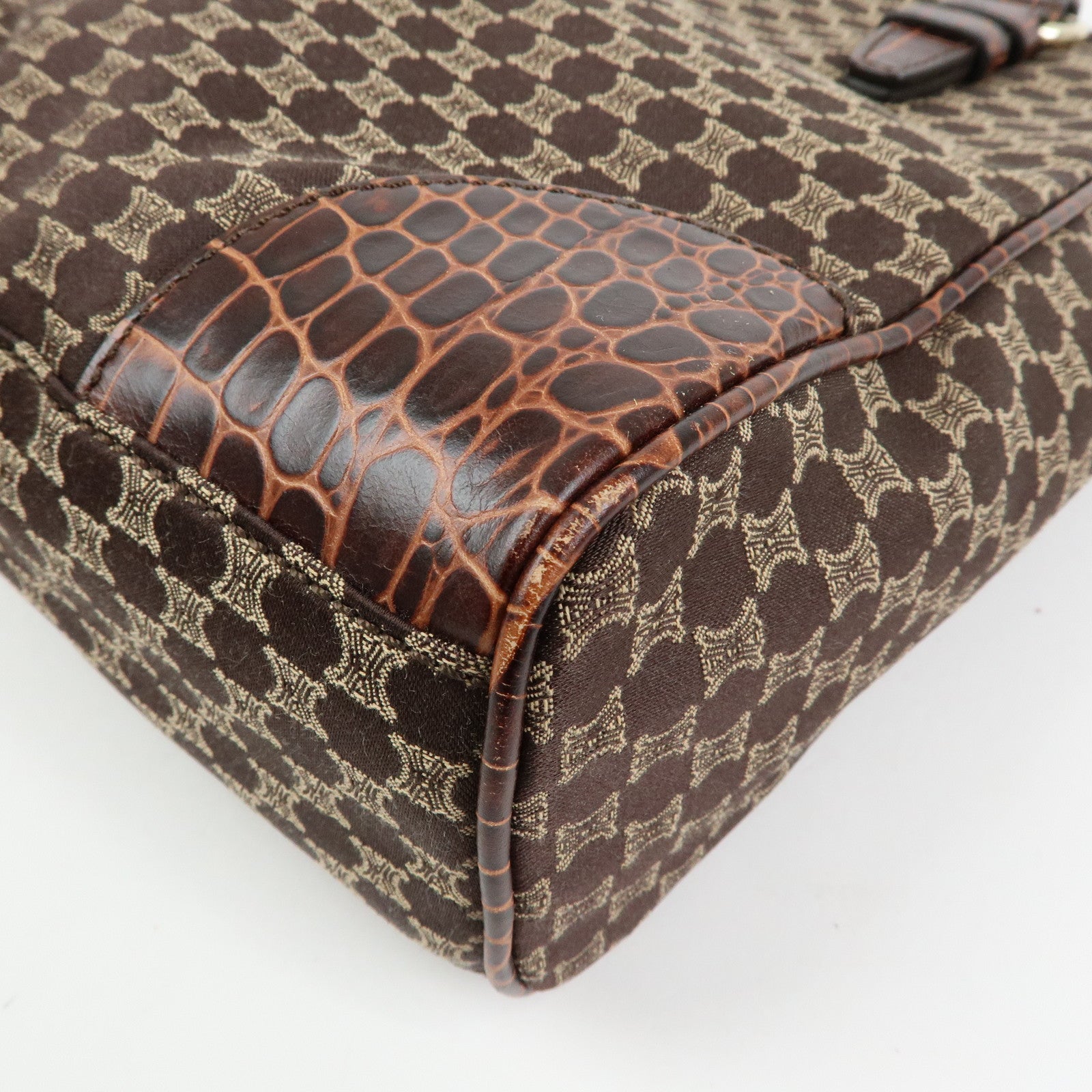 CELINE Macadam Embossed Leather Canvas Tote Bag Hand Bag Brown