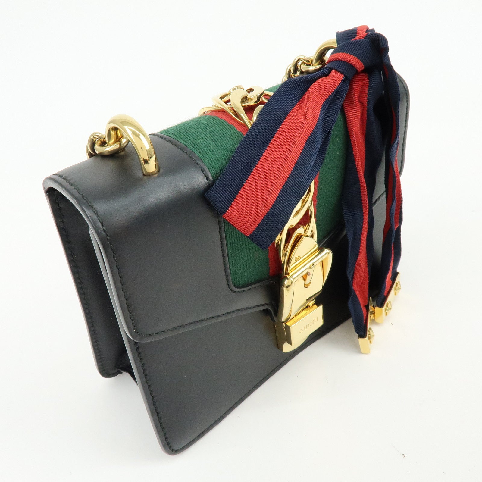 GUCCI Sylvie Sherry Calf Leather Chain Shoulder Bag Black 431666