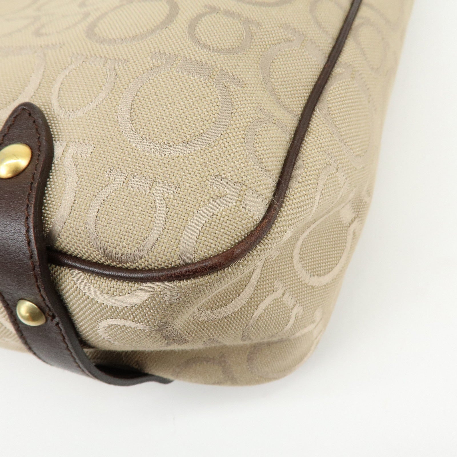 Ferragamo Gancini Canvas Leather Tote Bag Hand Bag Beige Brown