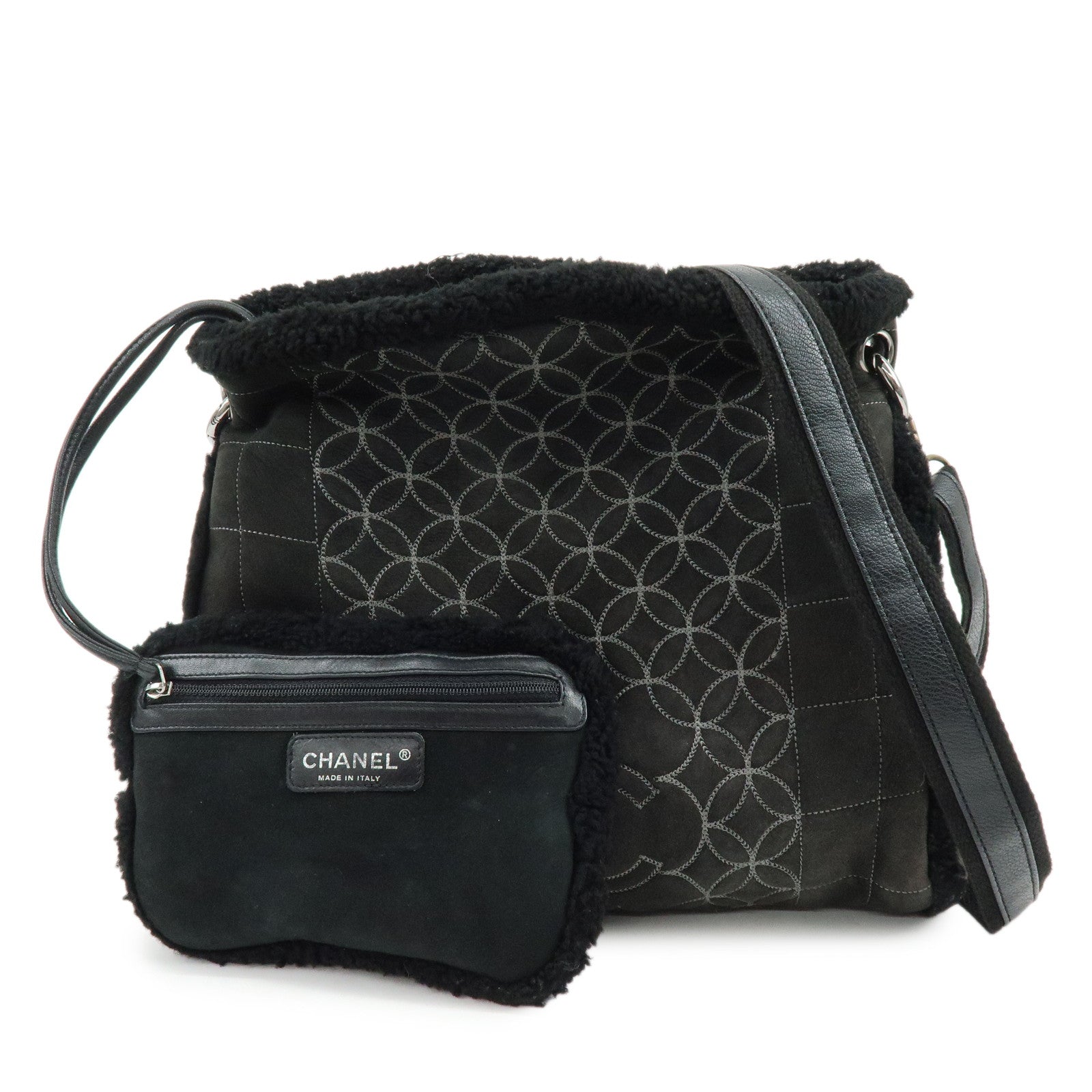CHANEL Mouton Fur Leather Shoulder Bag with Strap Set Black