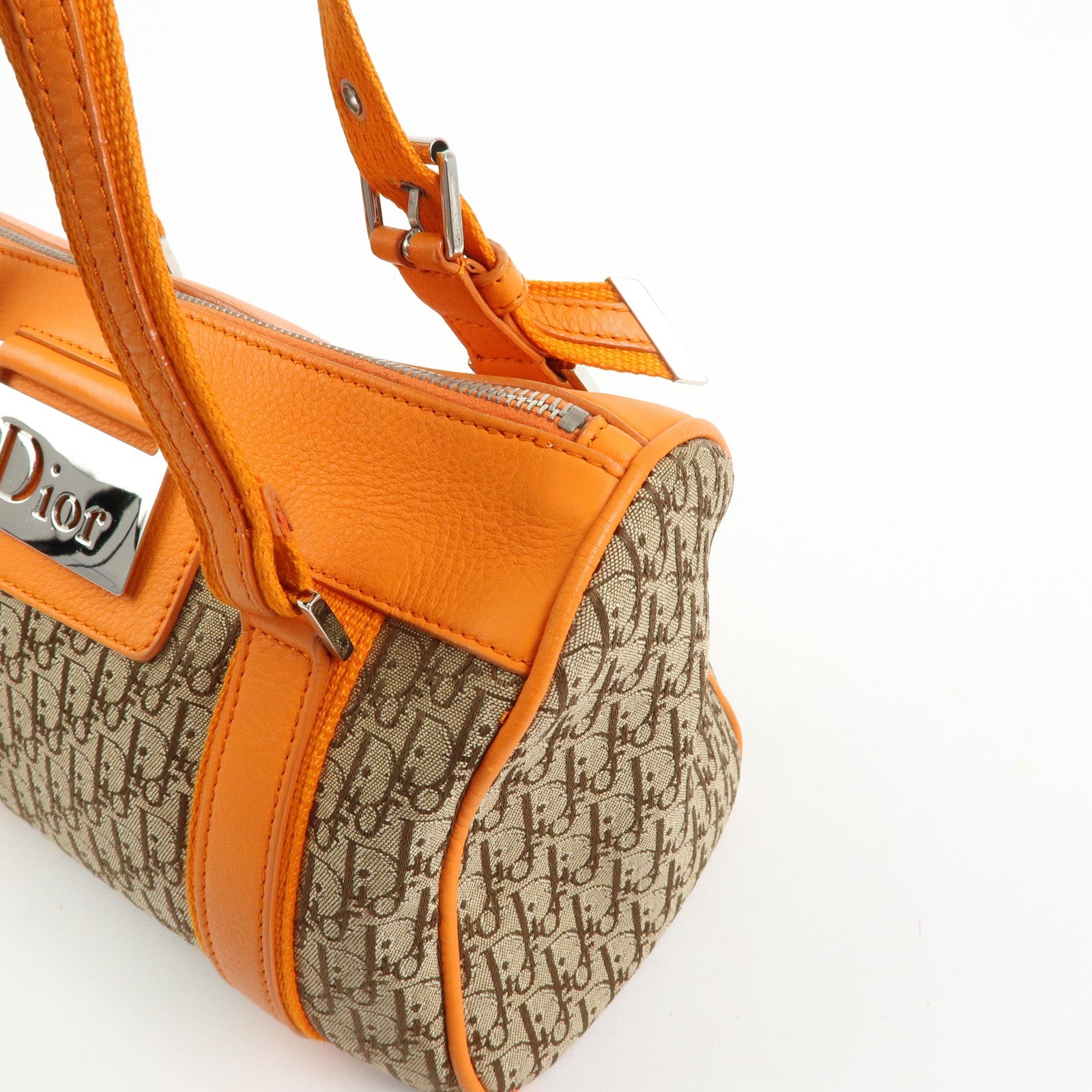 Christian Dior Trotter Jacquard Canvas Leather Hand Bag Beige Orange