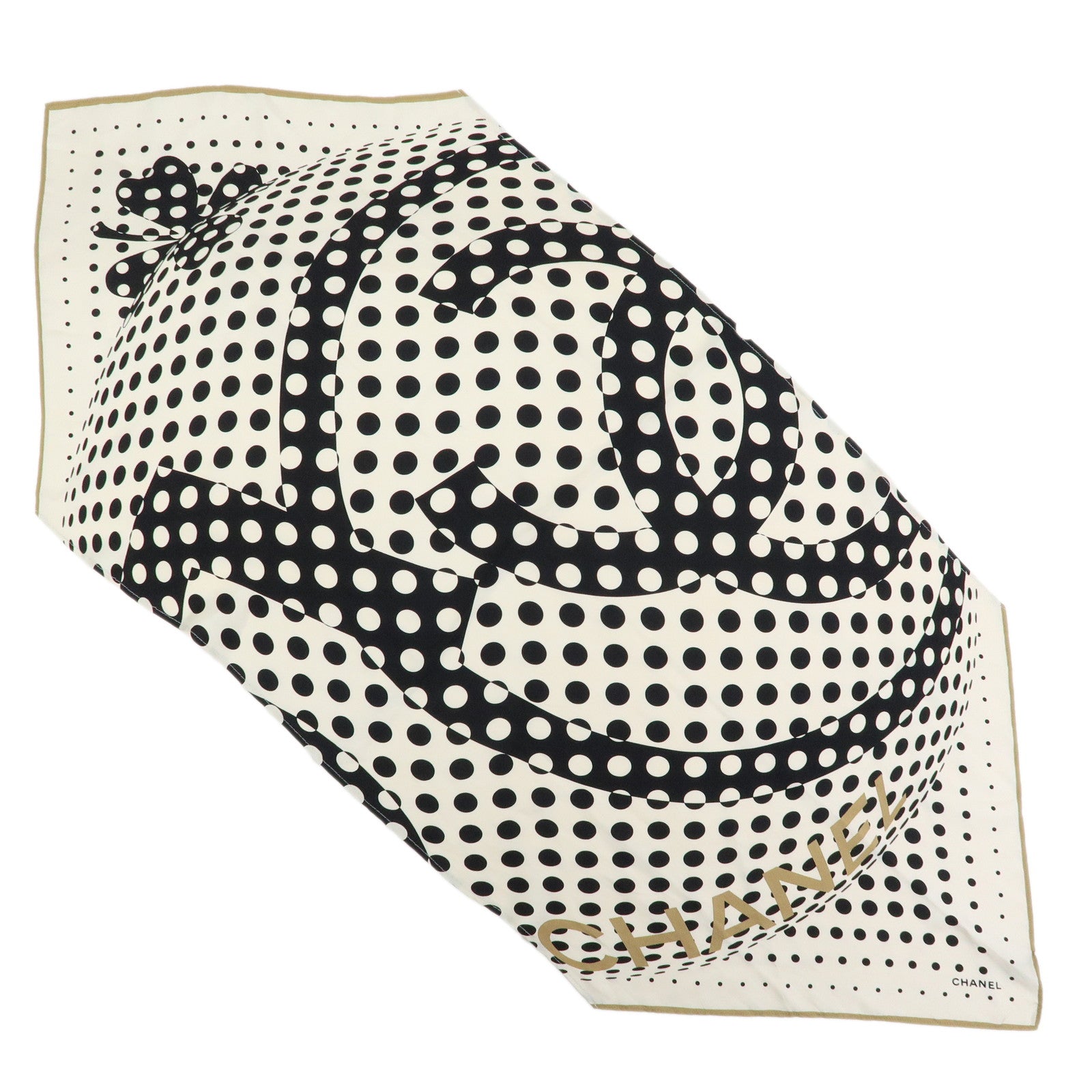 CHANEL COCO Mark Silk 100% Scarf Dot Pattern Clover Ivory Black