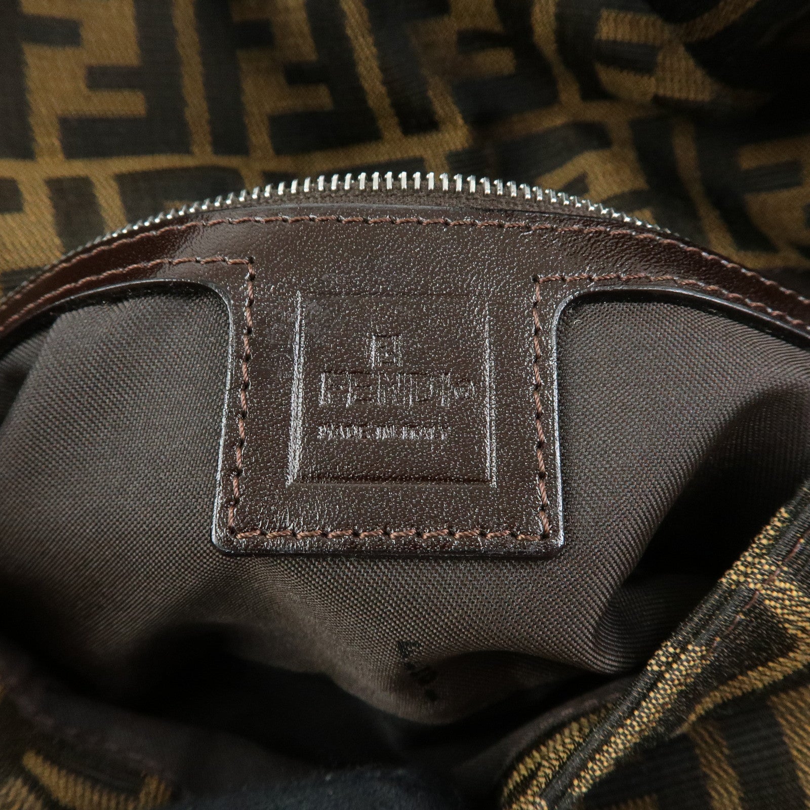 FENDI Mamma Baguette Zucca Canvas Leather Shoulder Bag Brown 26424