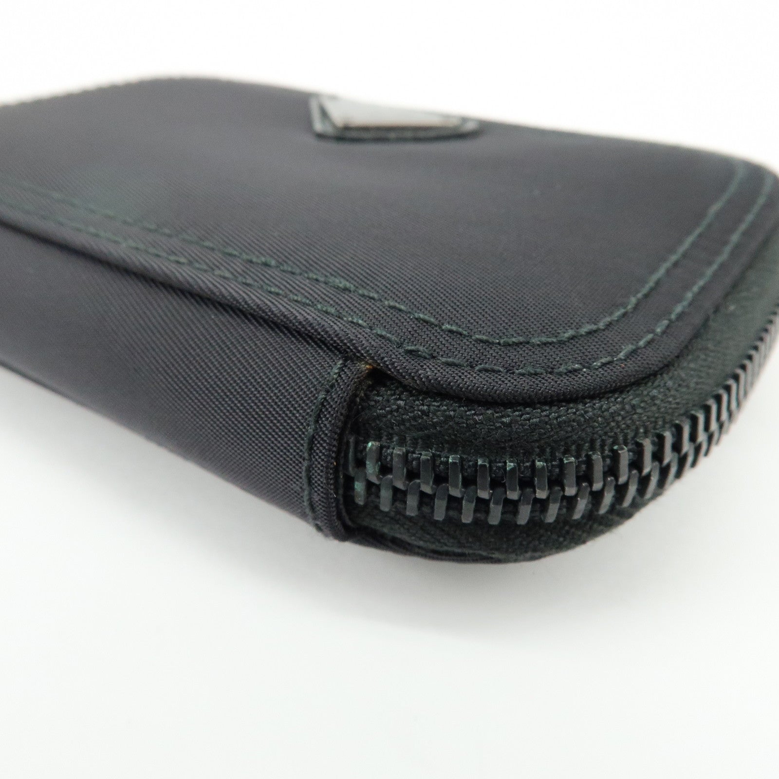 PRADA Triangle Logo Nylon Saffiano Leather Zippy Key Case Black 2PG003