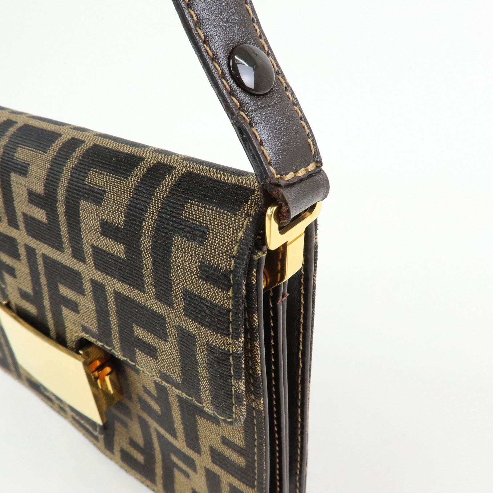 FENDI ZUCCA Jacquard Canvas Leather Shoulder Bag Brown Black