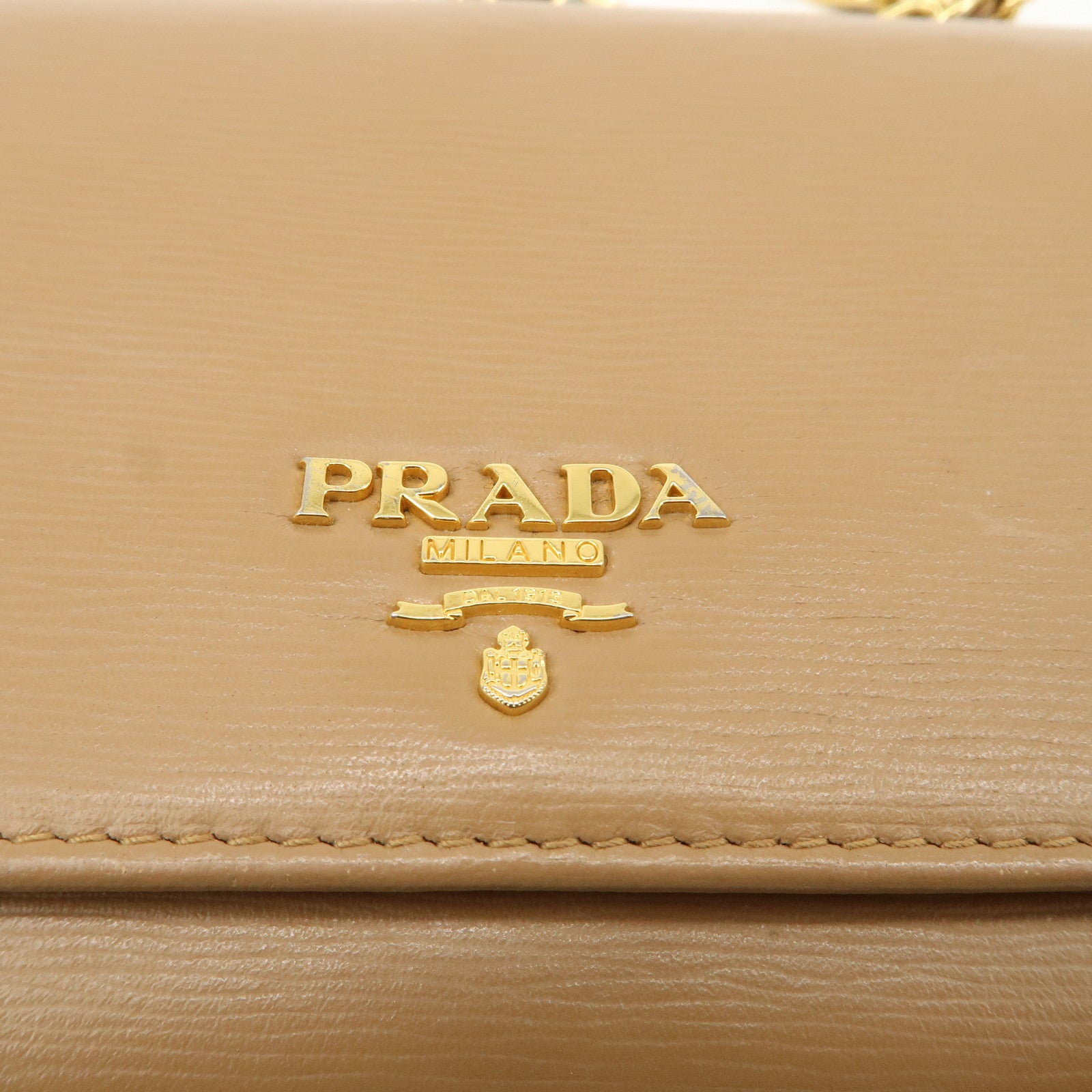 PRADA Logo Leather Chain Wallet WOC Beige Gold Hardware 1MT290 Used