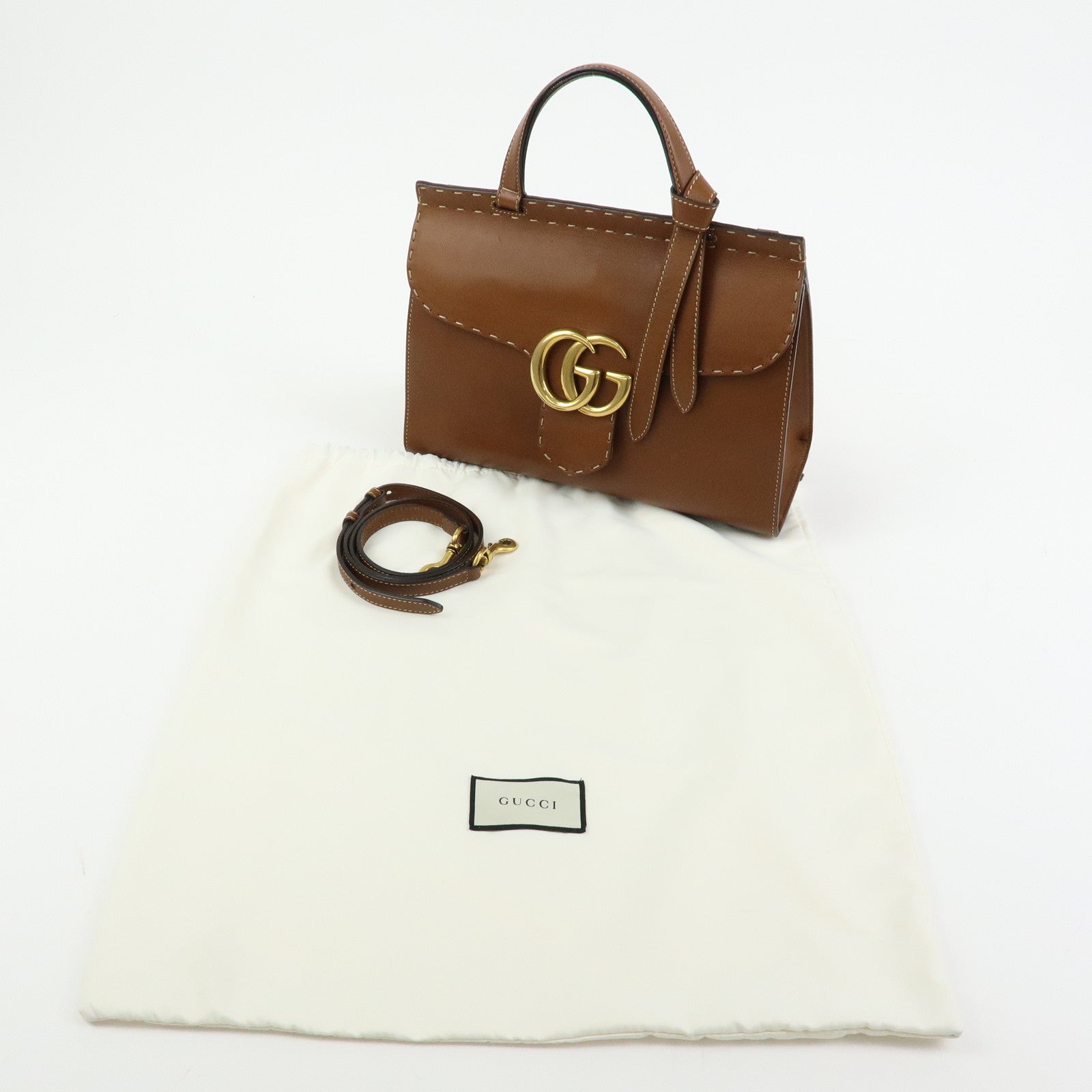 GUCCI Double G Leather 2Way Bag Hand Bag Shoulder Bag Brown 421890