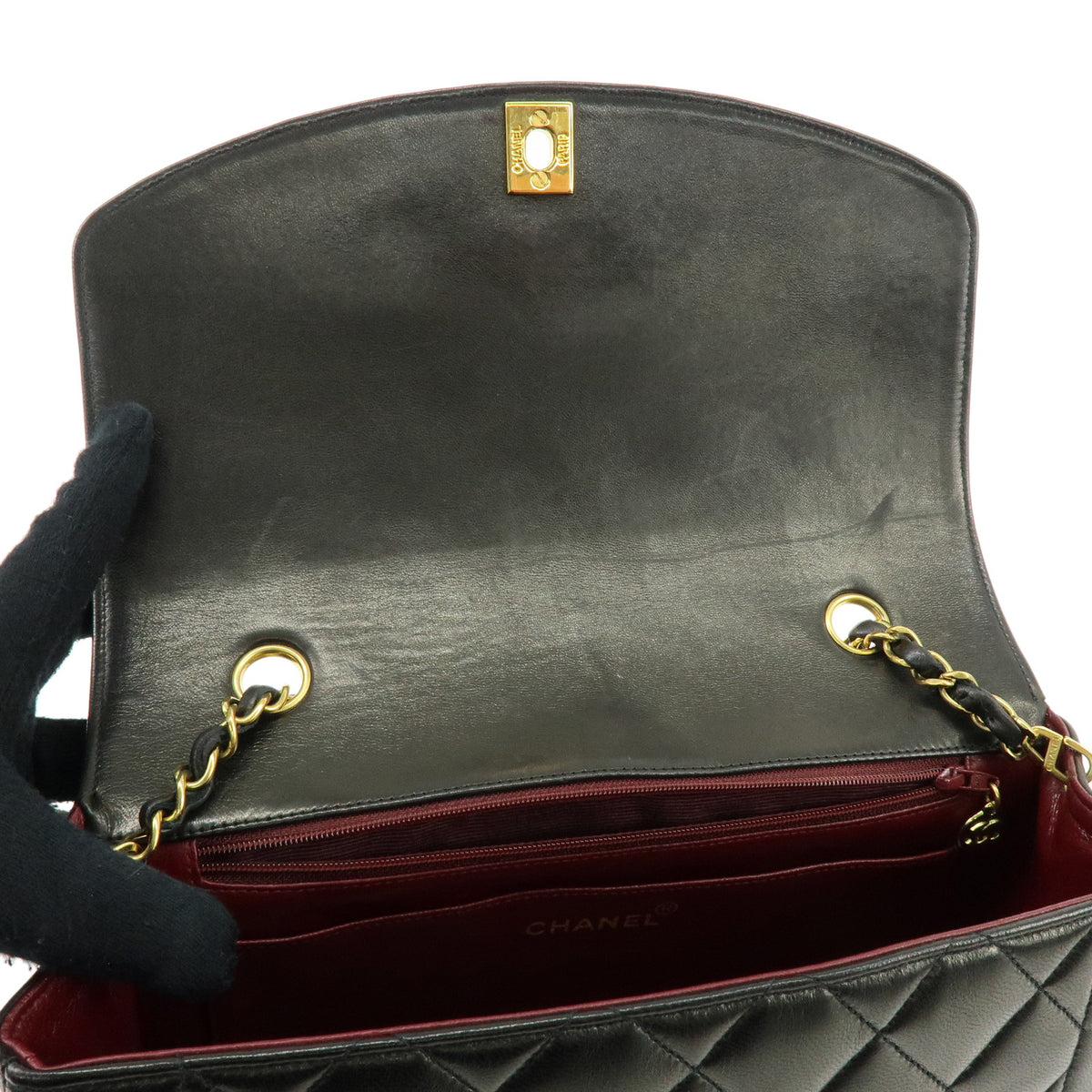 CHANEL Matelasse Diana 25 Lamb Skin Chain Shoulder Bag Black A01165