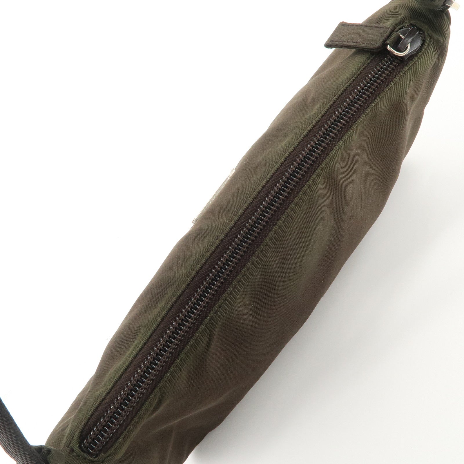 PRADA Triangle Logo Nylon Leather Accessory Pouch Hand Bag Khaki Silver HDW Used