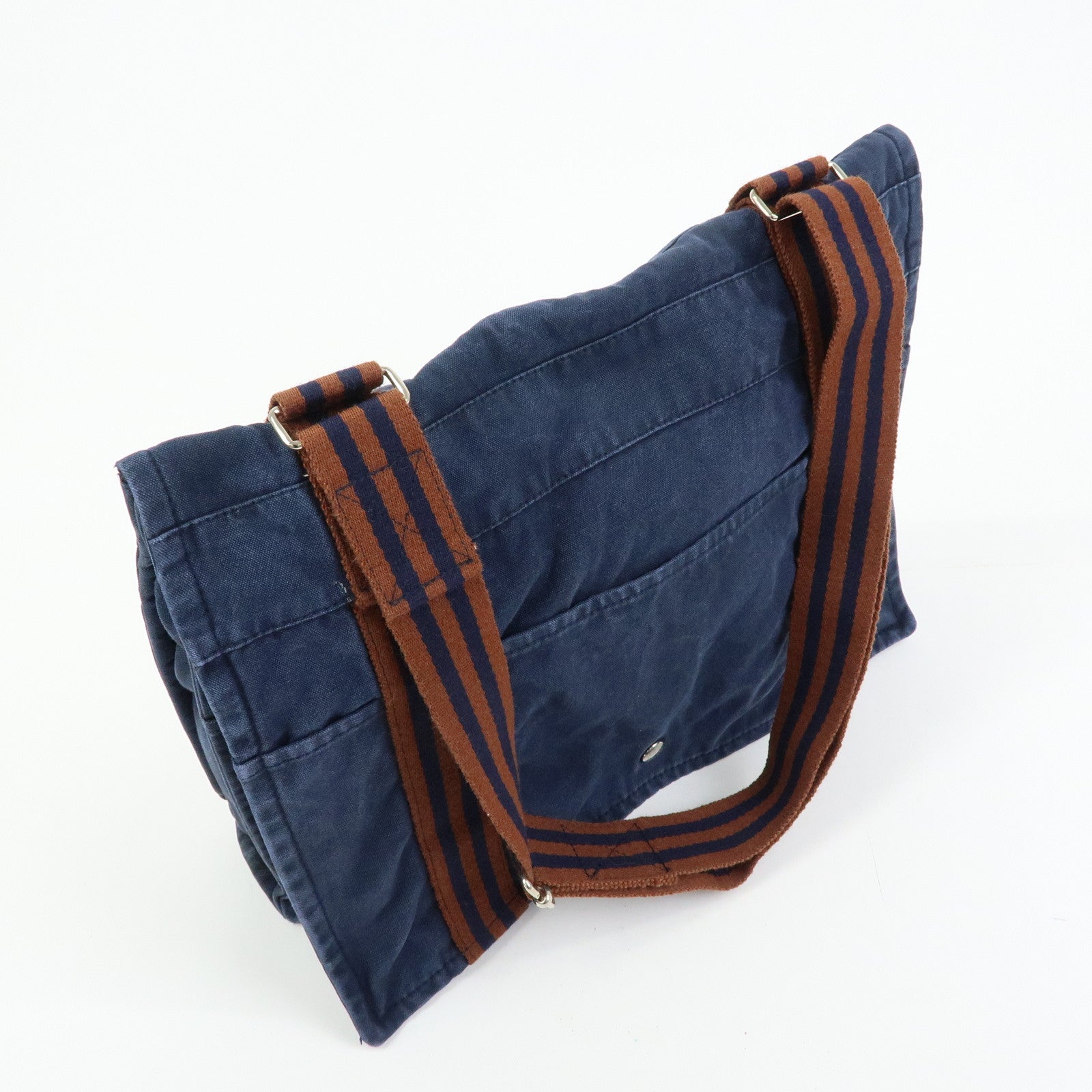 HERMES Besace MM Fourre Tout Canvas Shoulder Crossbody Bag Navy Brown