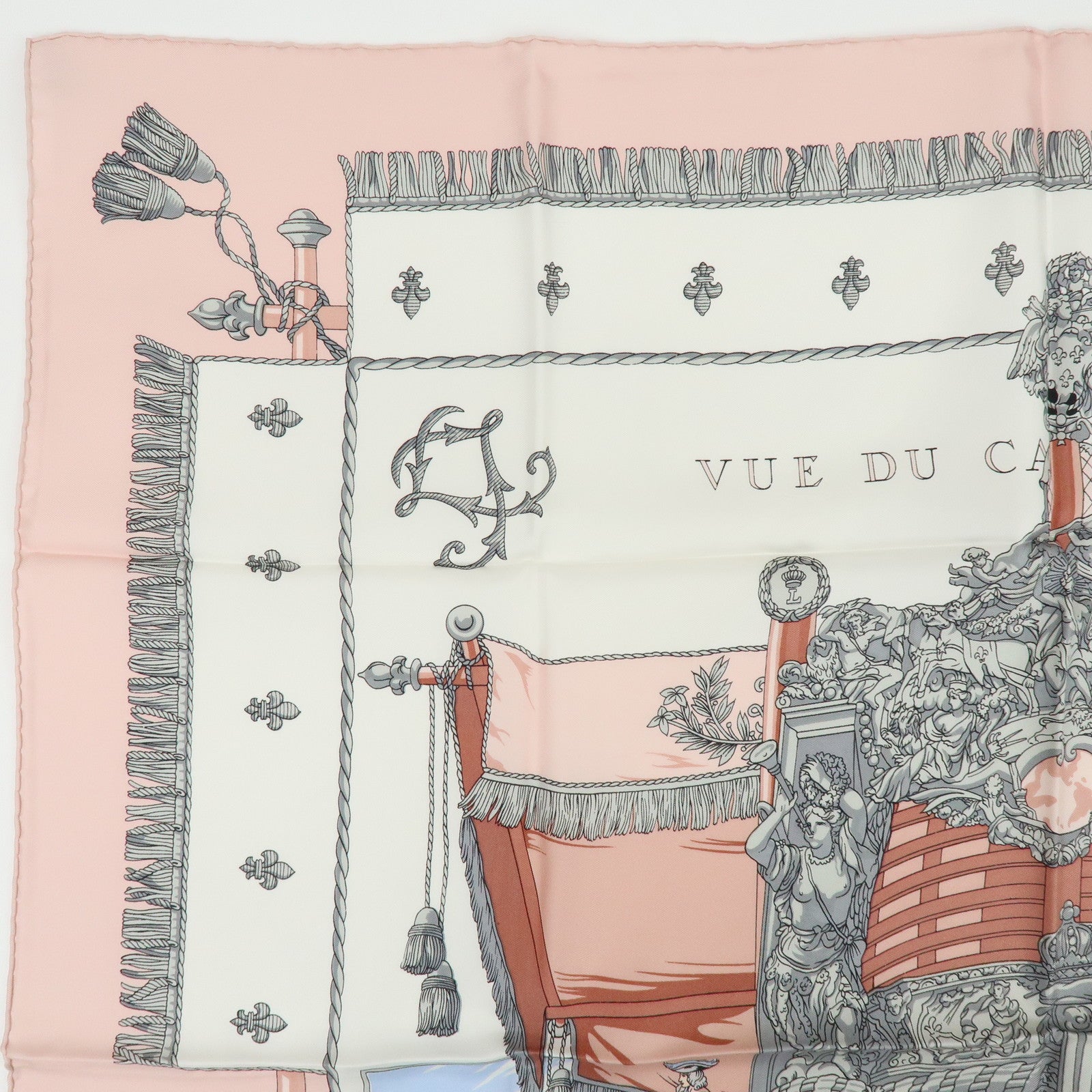 HERMES Carre 90 Silk 100% Scarf VUE DU CARROSSE DE LA GALERE Pink White