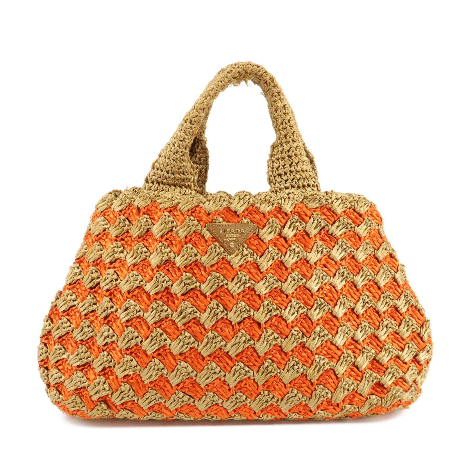 PRADA Triangl Logo Braded Tote Bag Hand Bag Orange Beige Used