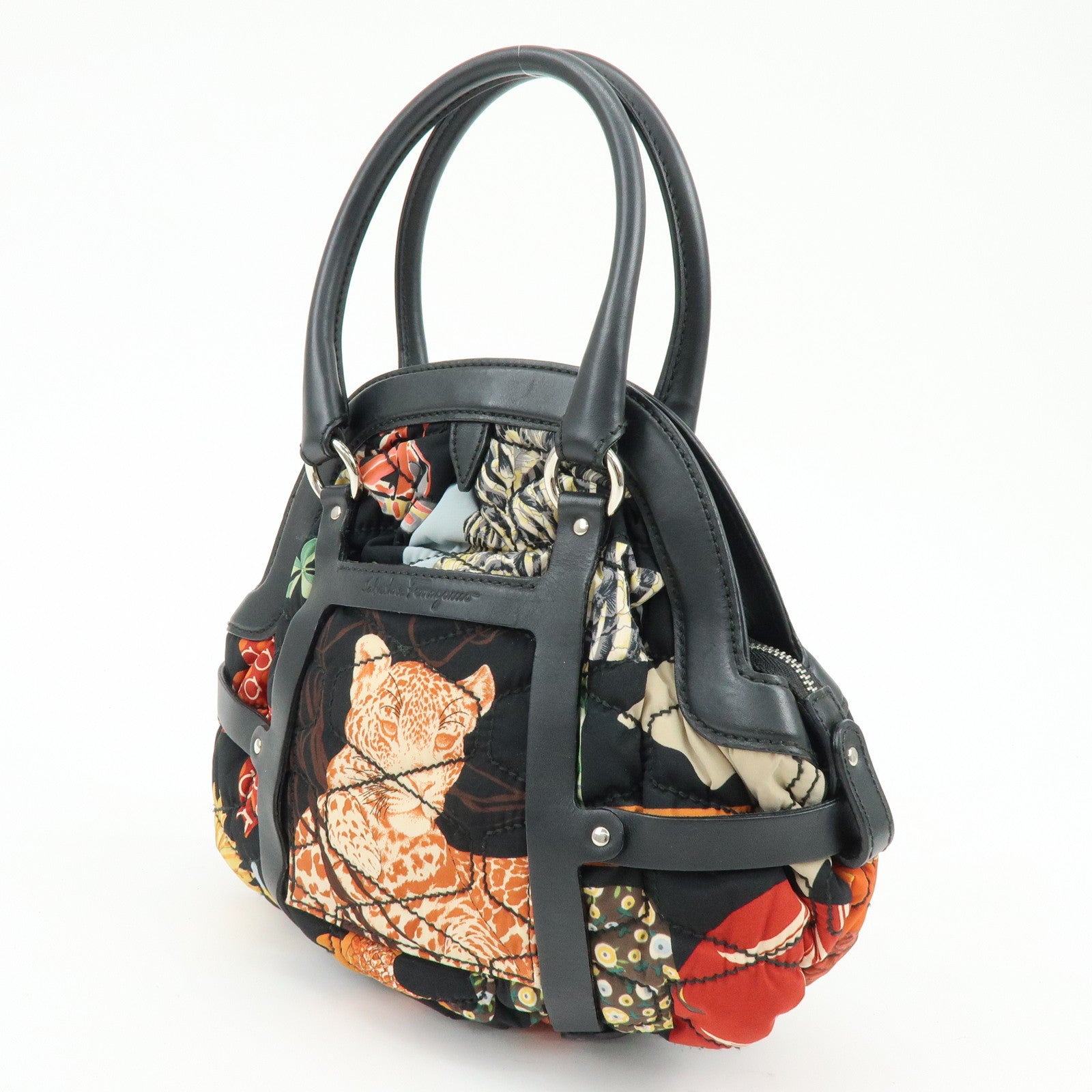 Ferragamo Nylon Quilting Leather Hand Bag Animalier Black Multicolor