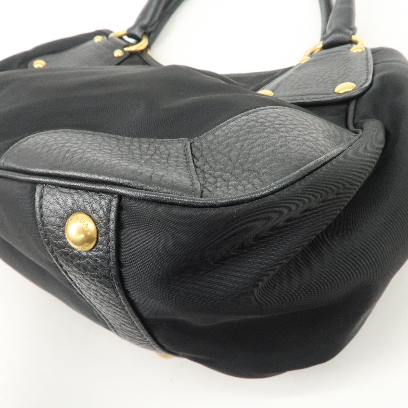 PRADA Nylon Leather Tote Bag Shoulder Bag Black Gold HDW BR4635 Used
