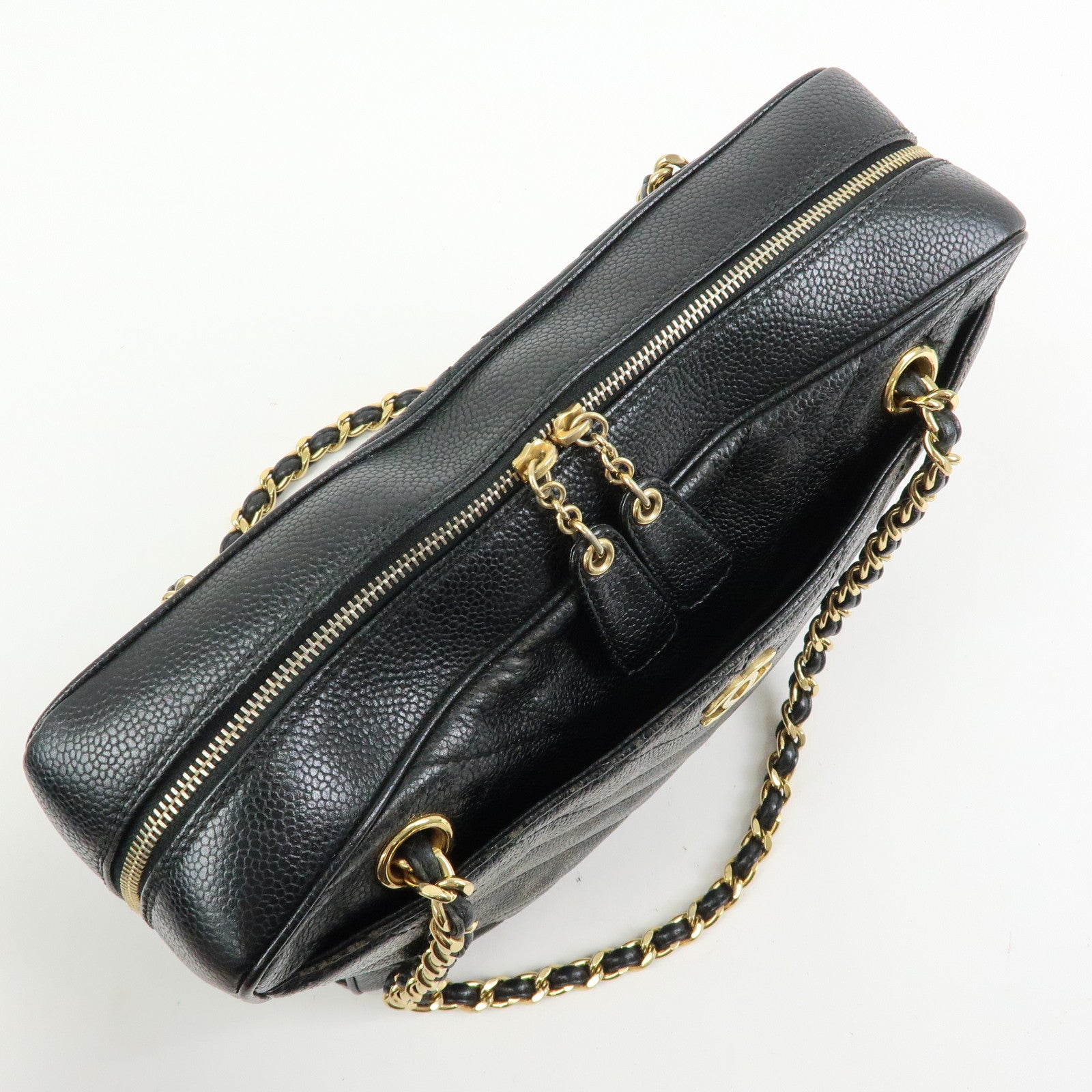 CHANEL Chevron COCO Mark Caviarskin Chain Shoulder Bag Black